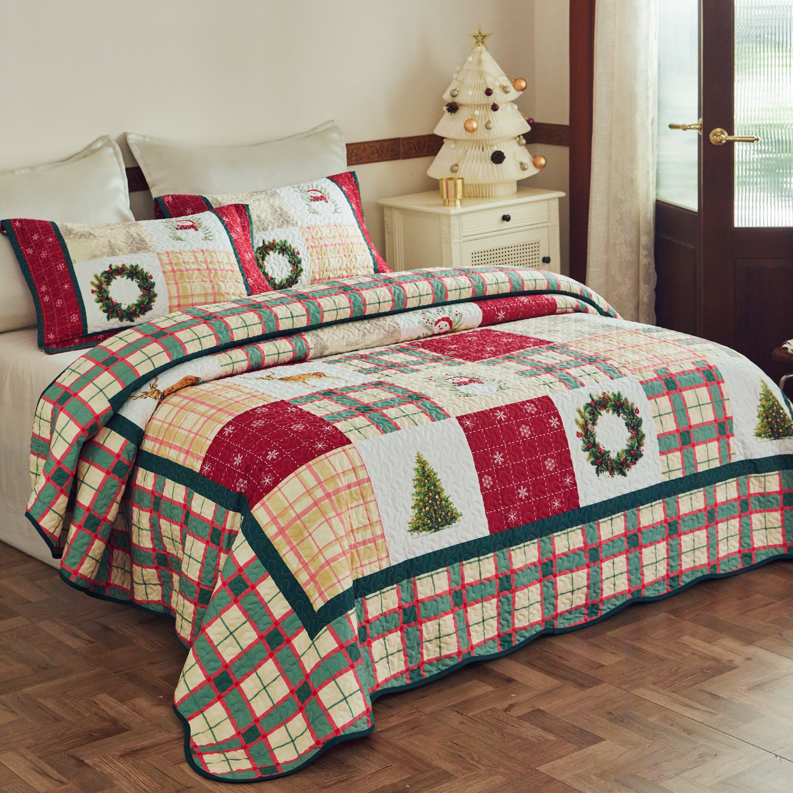 3-Piece Vintage Christmas Plaid Patchwork Quilt Bedspread Set BY227
