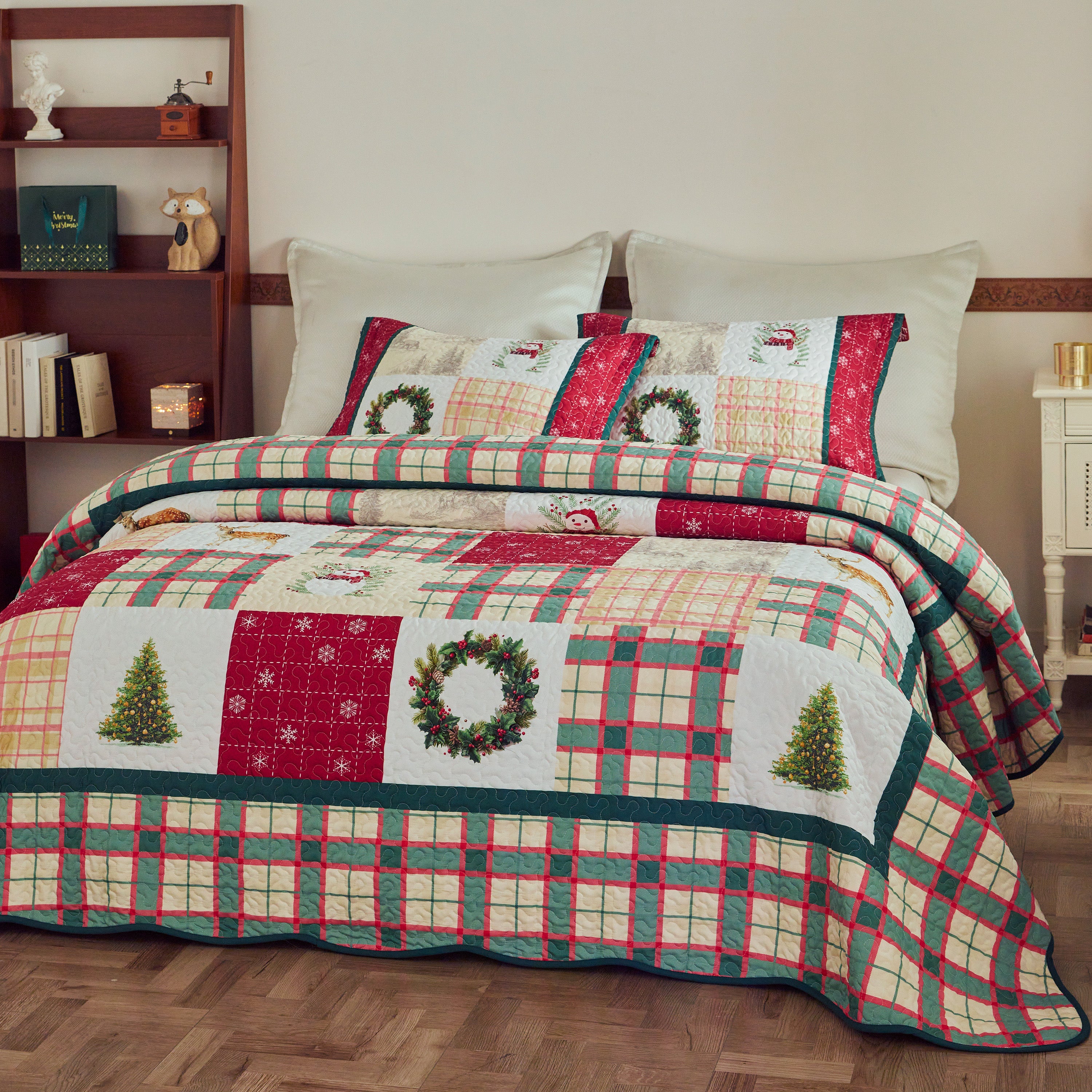 3-Piece Vintage Christmas Plaid Patchwork Quilt Bedspread Set BY227
