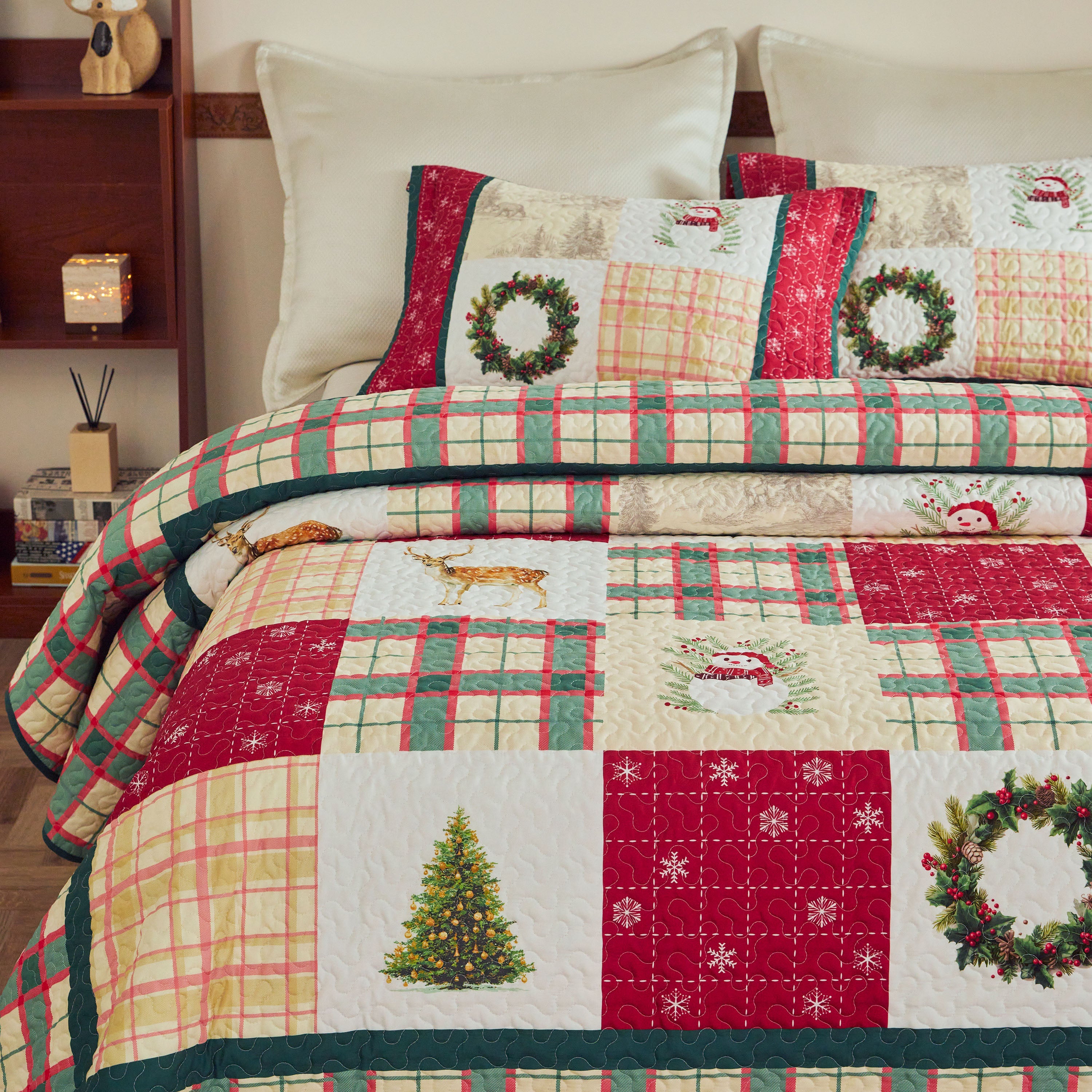 3-Piece Vintage Christmas Plaid Patchwork Quilt Bedspread Set BY227