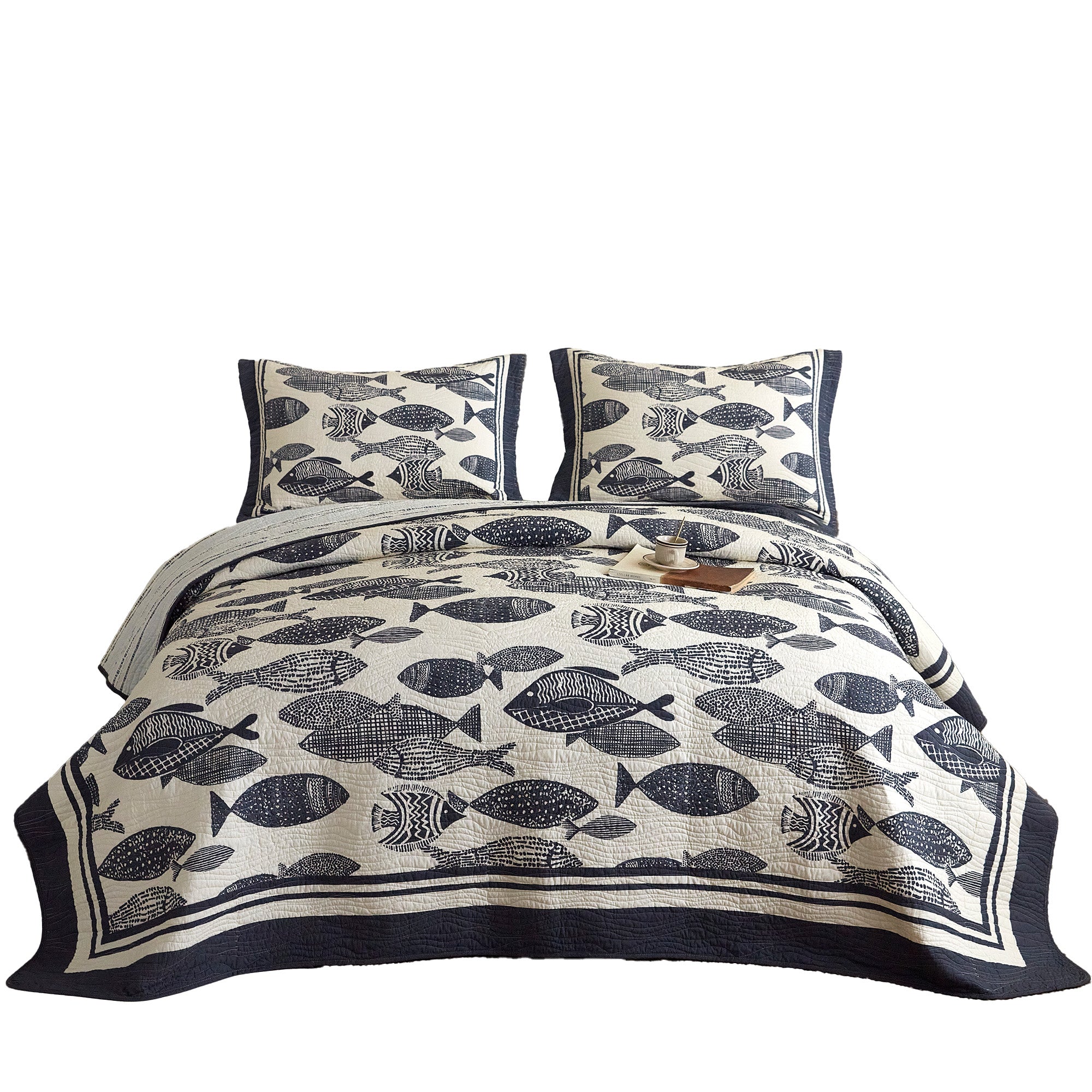 3Pcs 100% Cotton Nautical Fish Print Quilt Bedspread Set Coastal Blue & White CP340