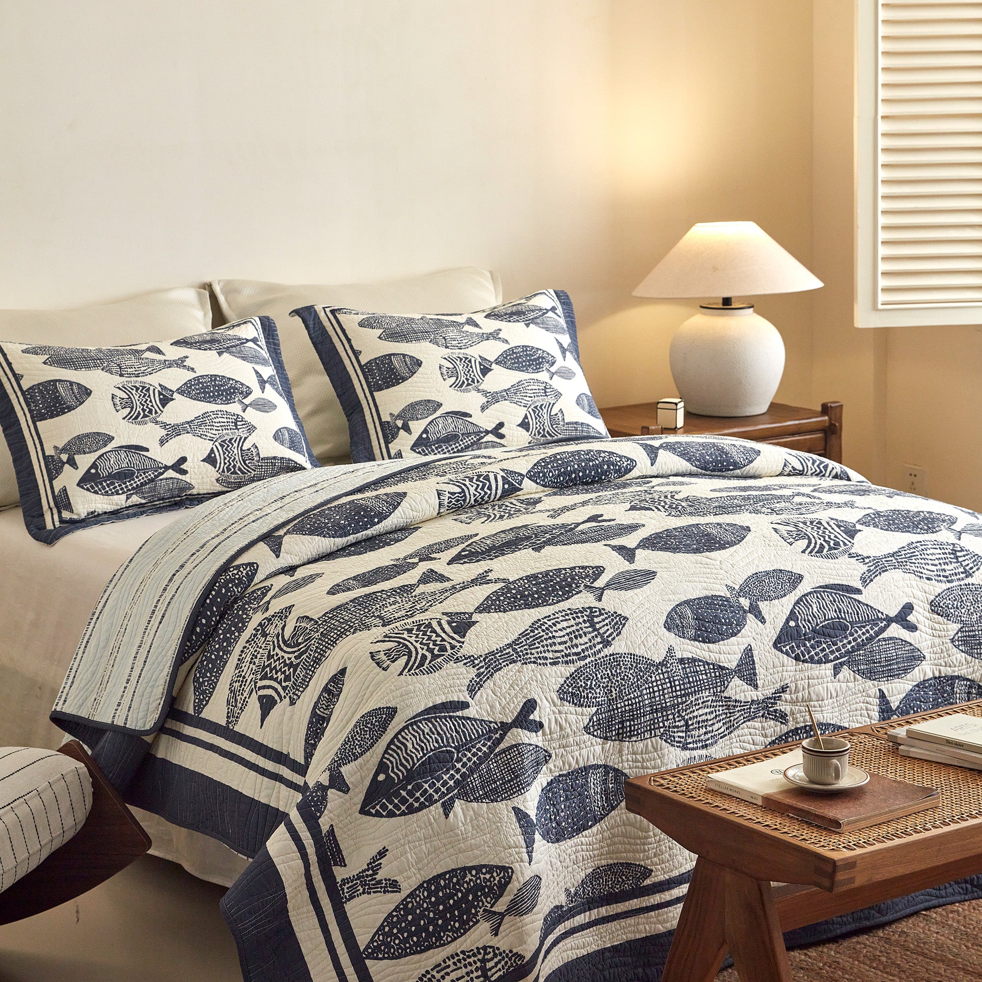 3 Piece 100% Cotton Nautical Fish Print Quilt Set – Coastal Bedspread CP340