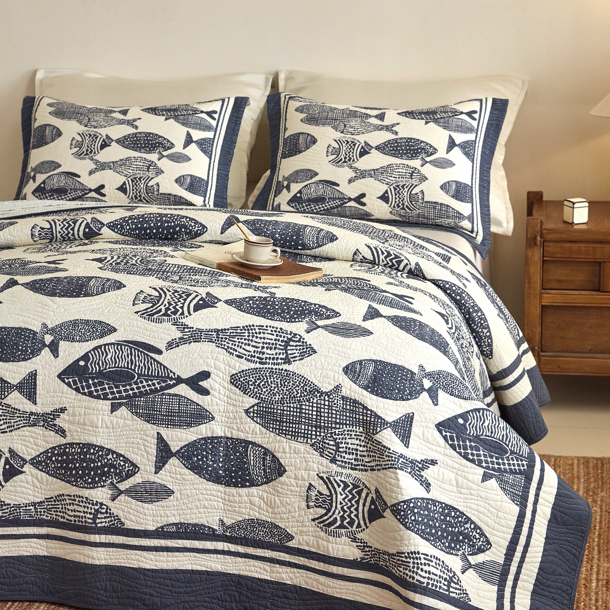 3 Piece 100% Cotton Nautical Fish Print Quilt Set – Coastal Bedspread CP340