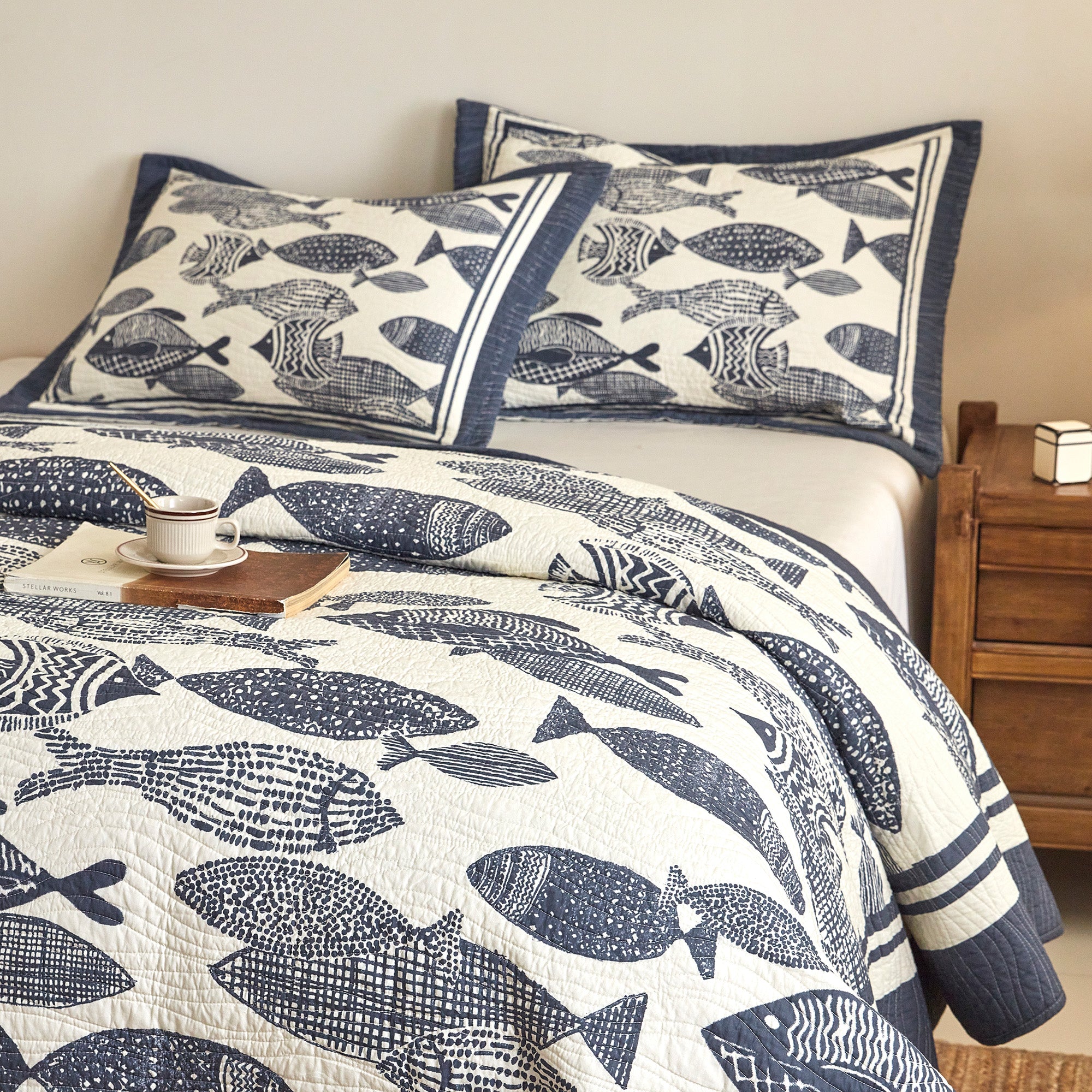 3 Piece 100% Cotton Nautical Fish Print Quilt Set – Coastal Bedspread CP340