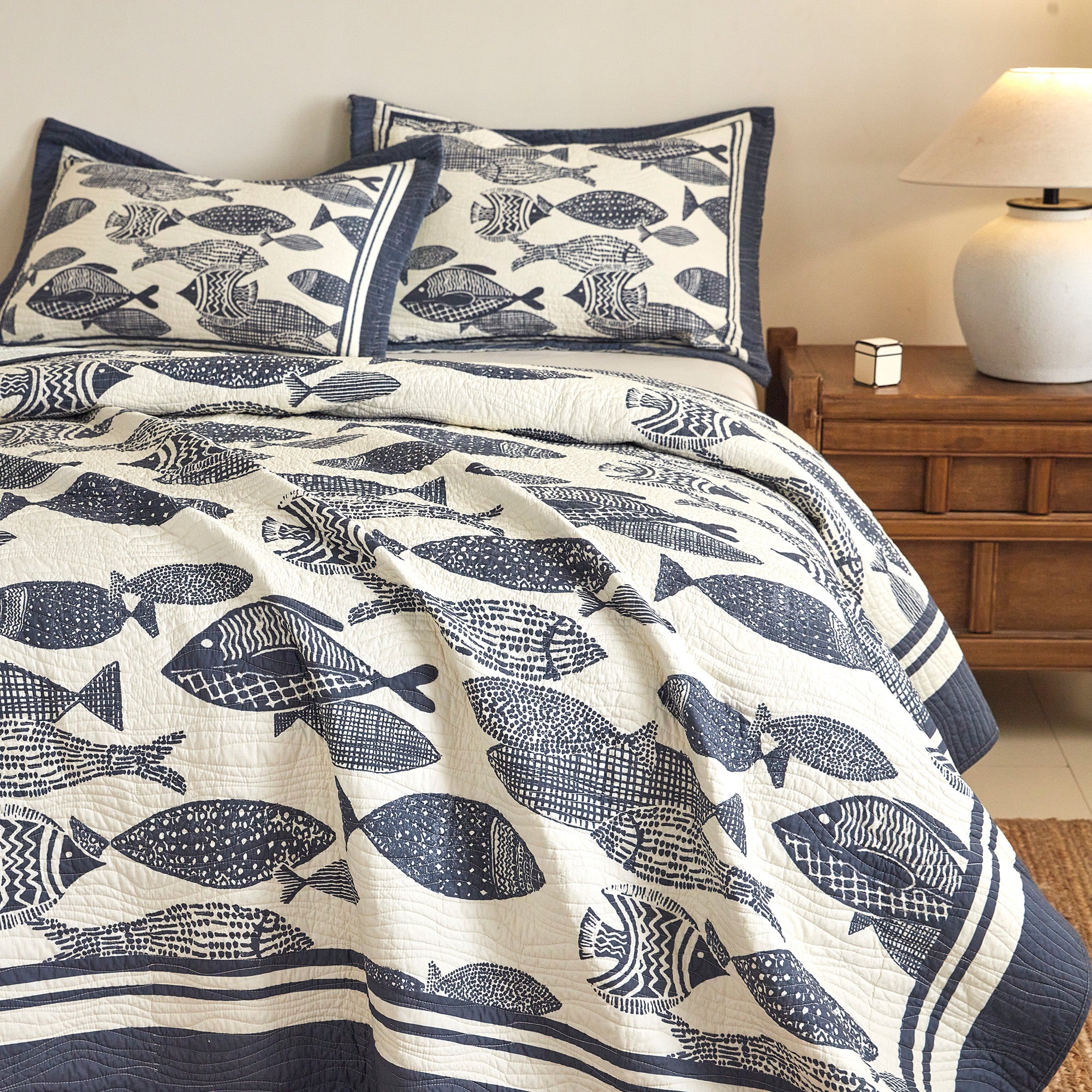 3 Piece 100% Cotton Nautical Fish Print Quilt Set – Coastal Bedspread CP340