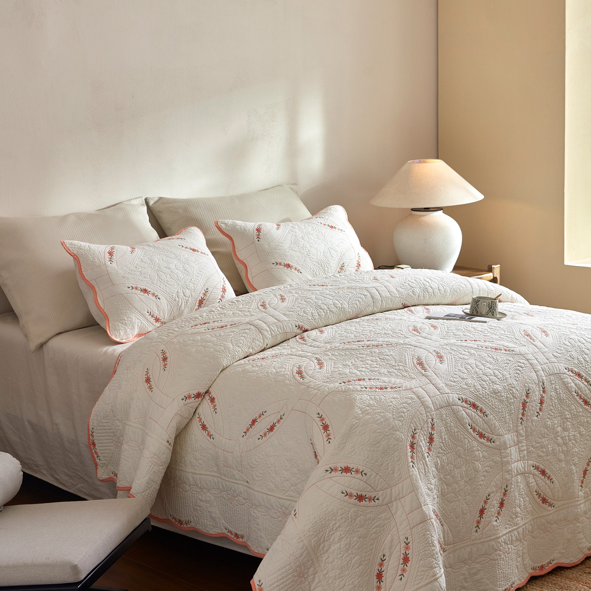 3Pcs Cotton French Country Quilt Bedspread Set Floral Embroidery TC151