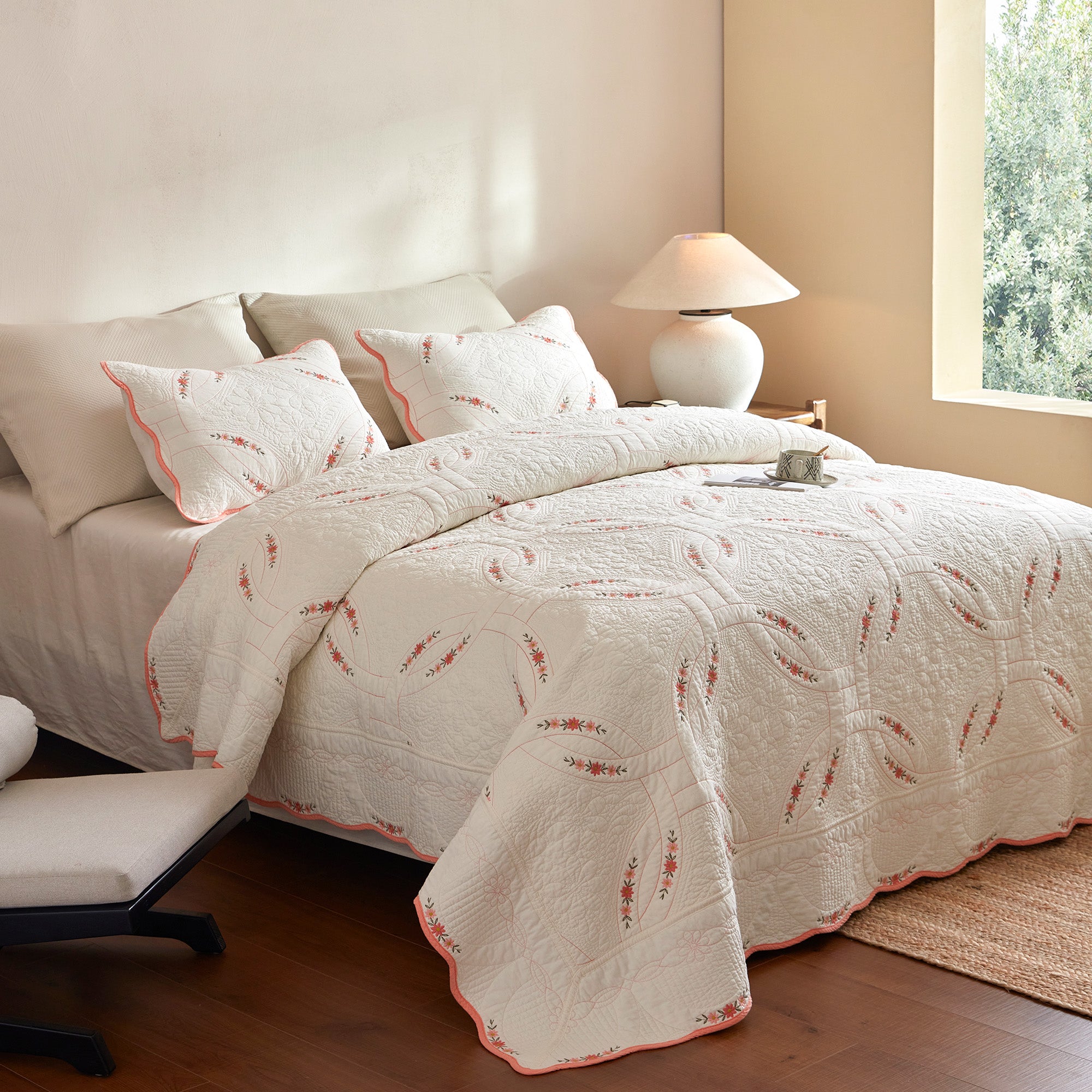 3Pcs Cotton French Country Quilt Bedspread Set Floral Embroidery TC151