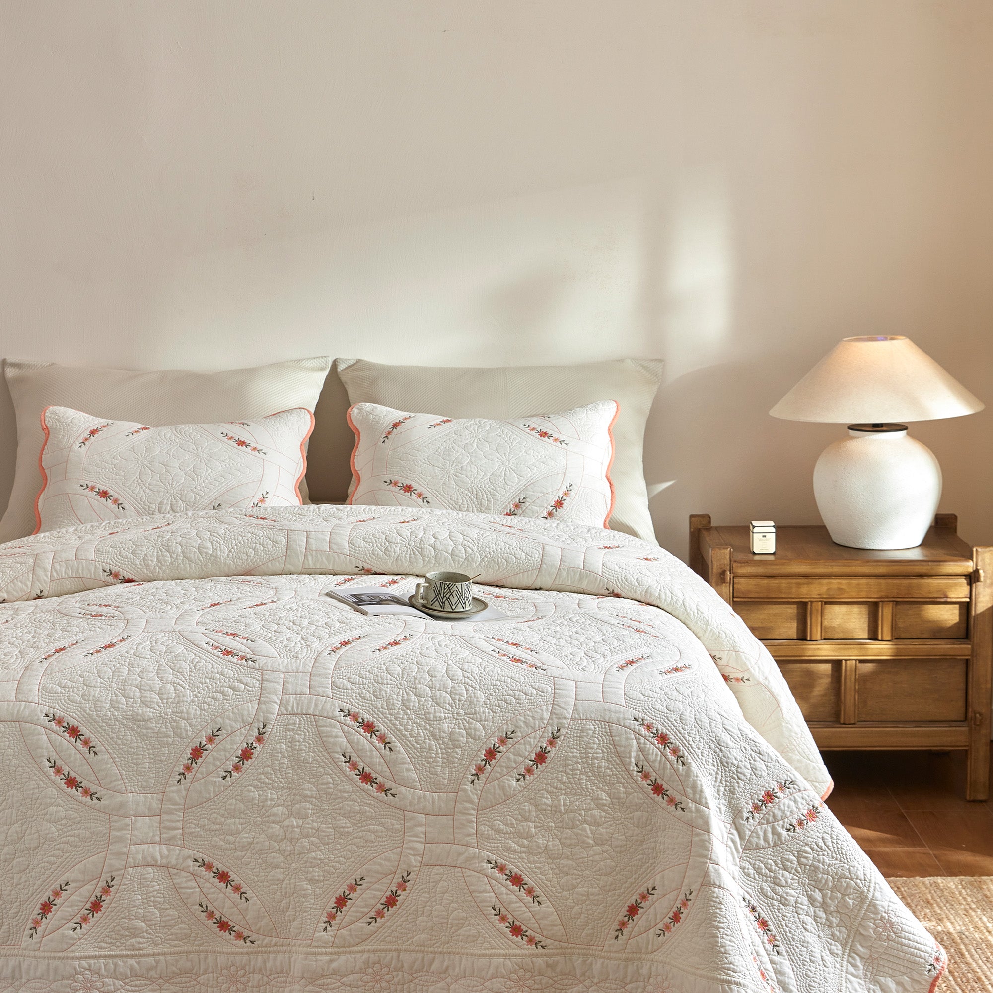 3Pcs Cotton French Country Quilt Bedspread Set Floral Embroidery TC151