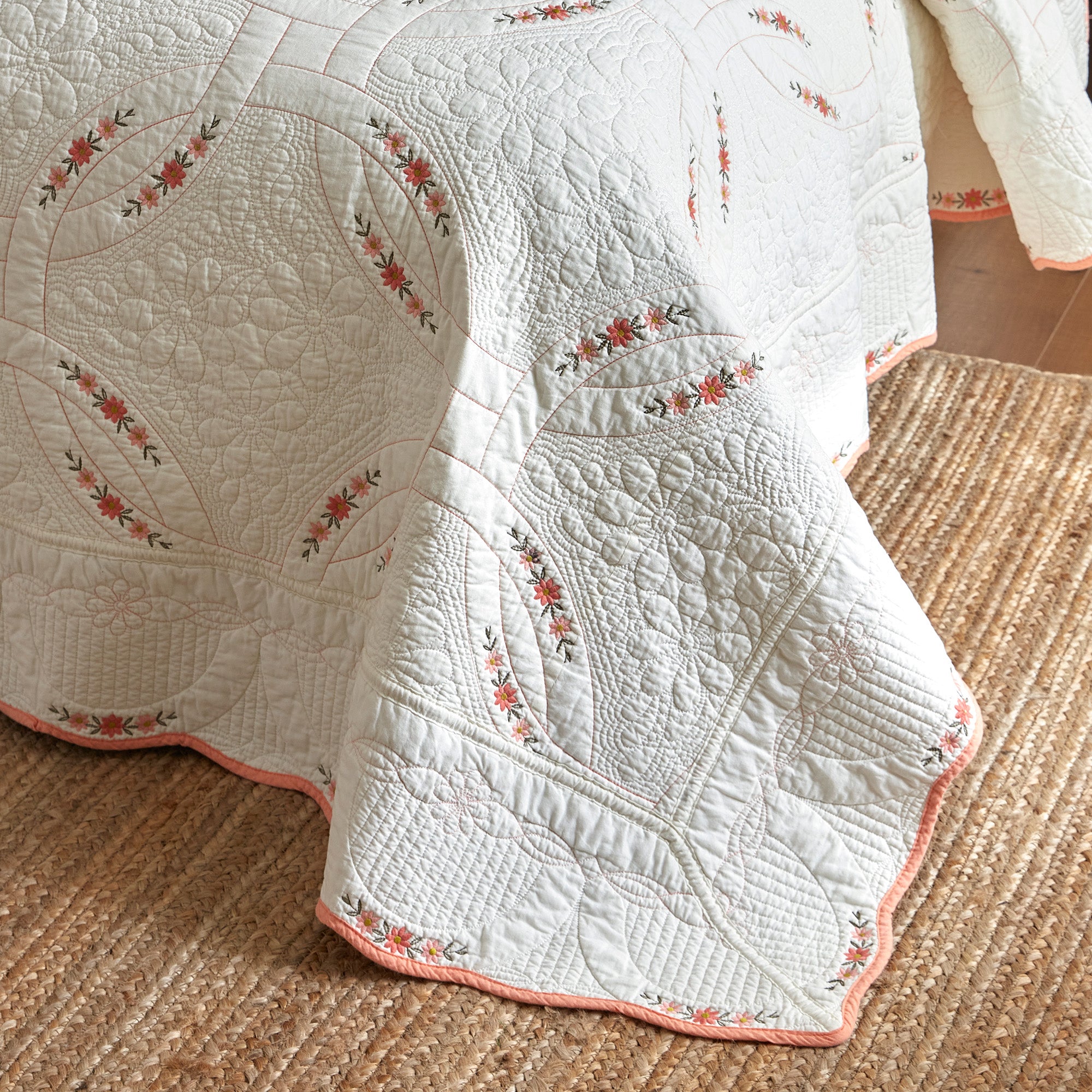 3Pcs Cotton French Country Quilt Bedspread Set Floral Embroidery TC151