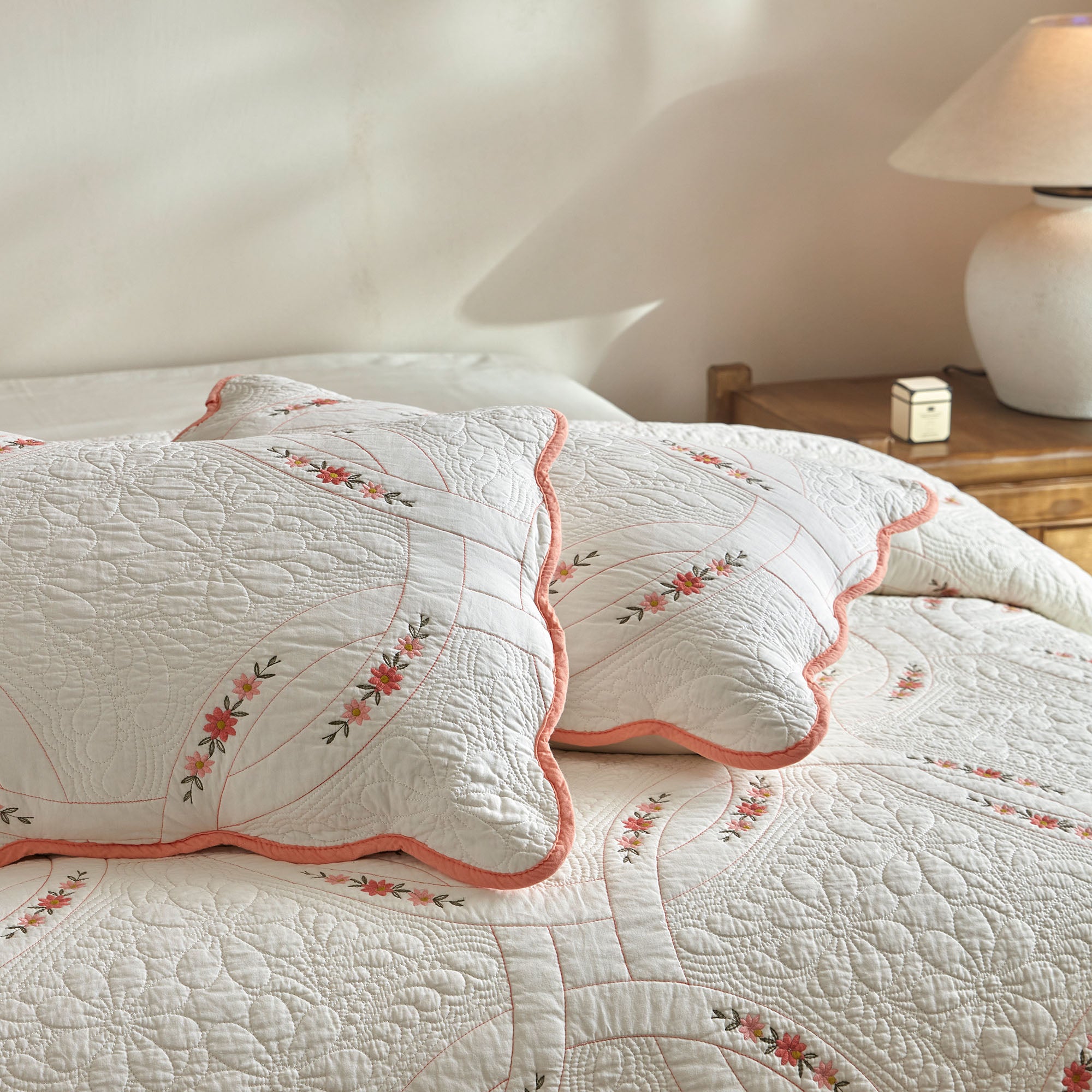 3Pcs Cotton French Country Quilt Bedspread Set Floral Embroidery TC151