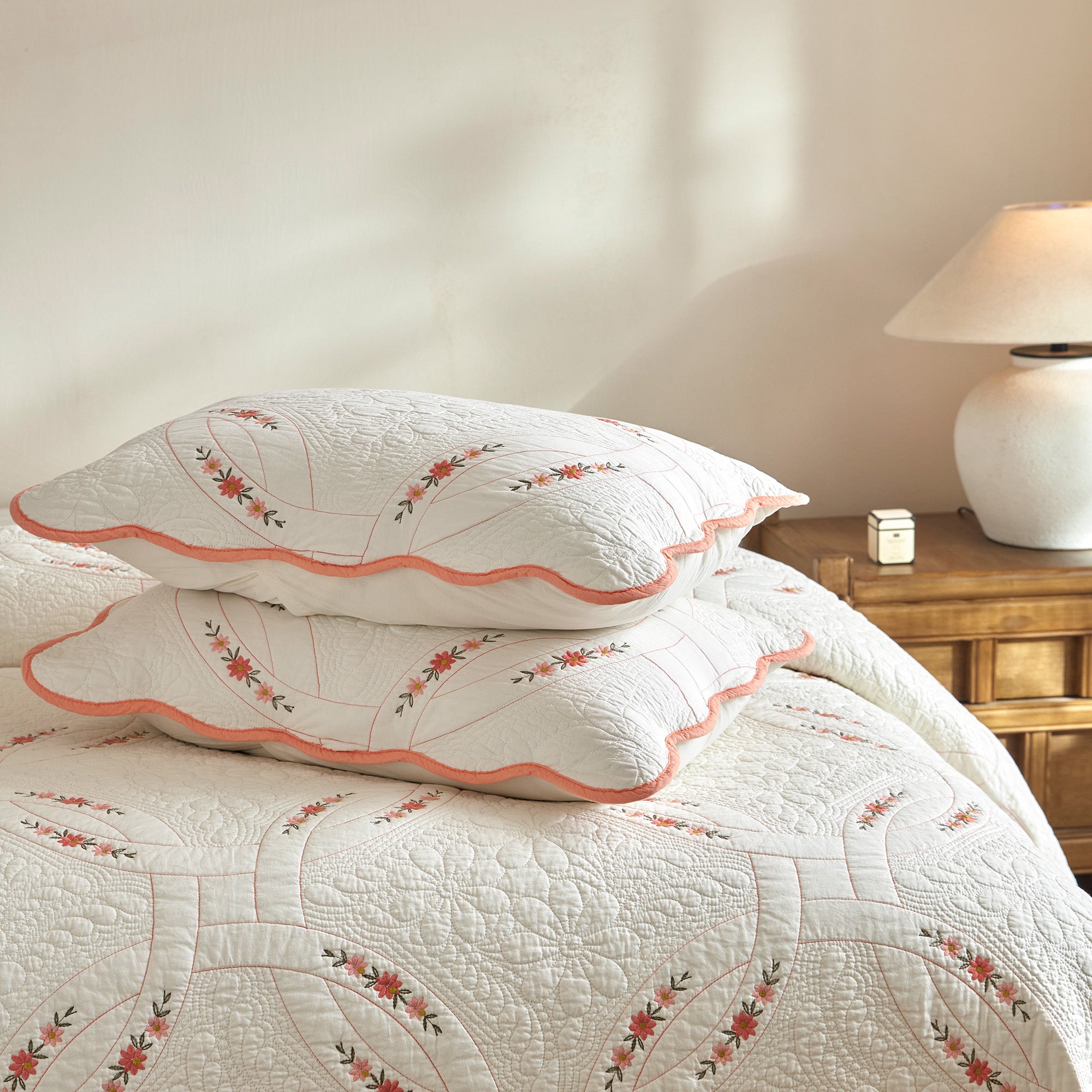 3Pcs Cotton French Country Quilt Bedspread Set Floral Embroidery TC151