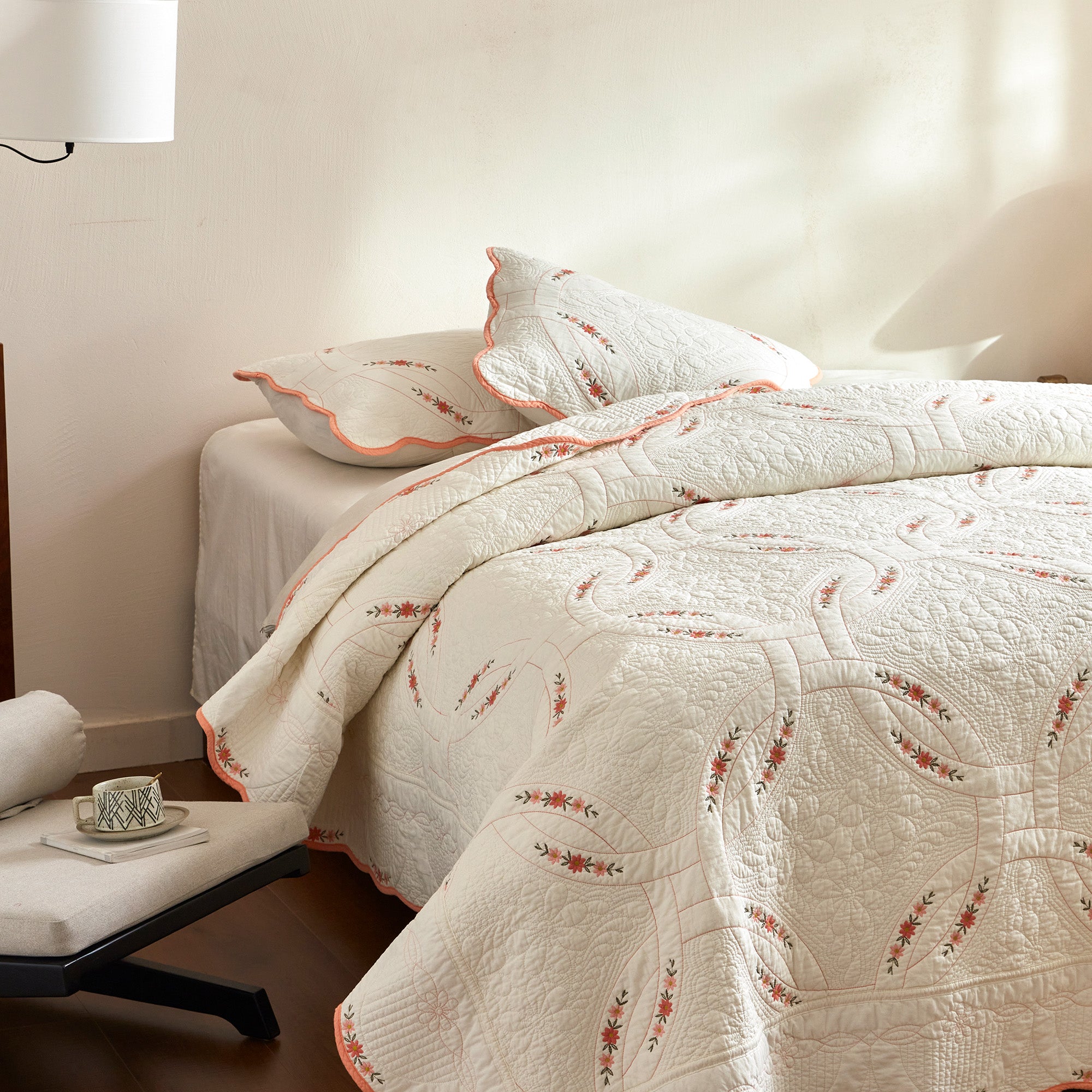 3Pcs Cotton French Country Quilt Bedspread Set Floral Embroidery TC151