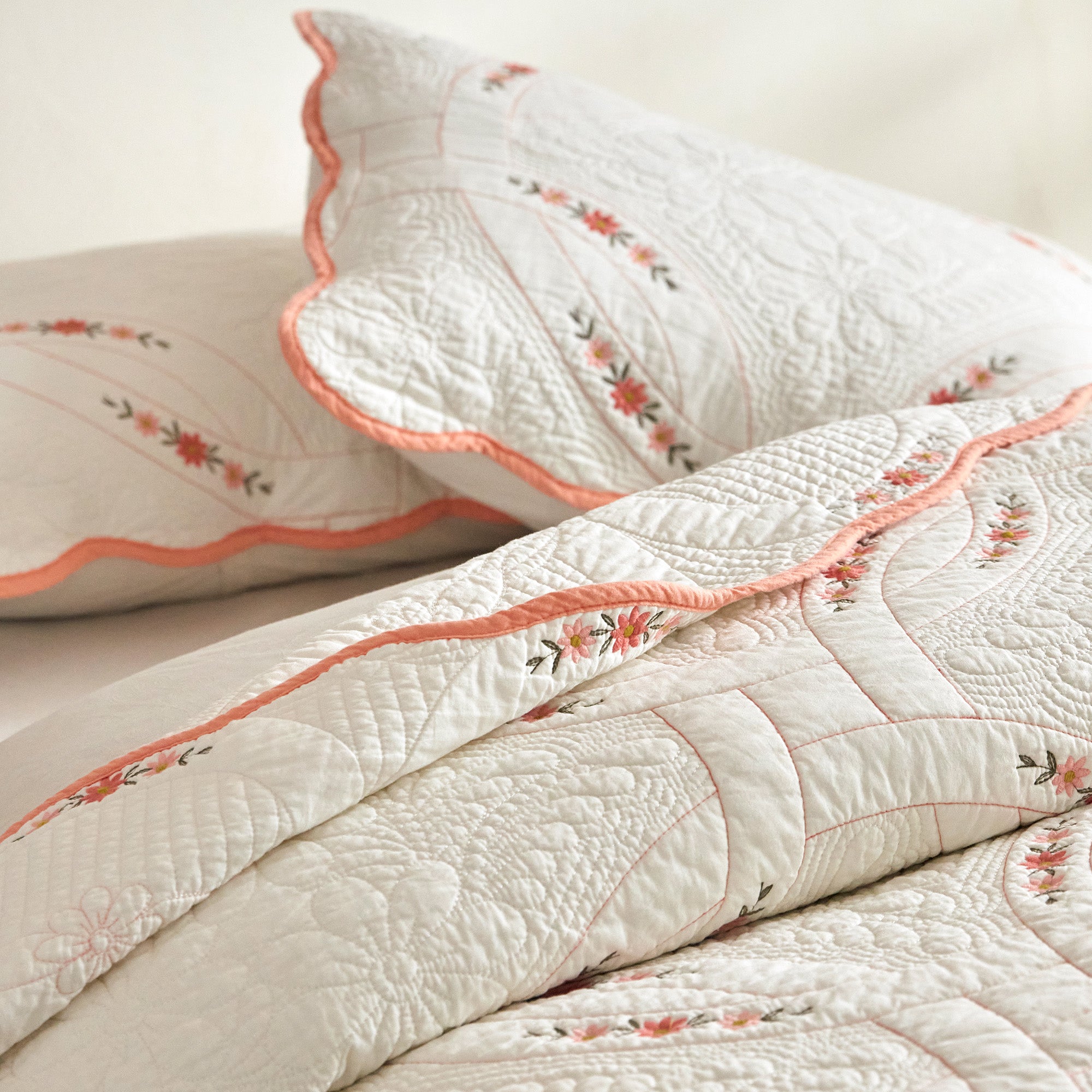 3Pcs Cotton French Country Quilt Bedspread Set Floral Embroidery TC151