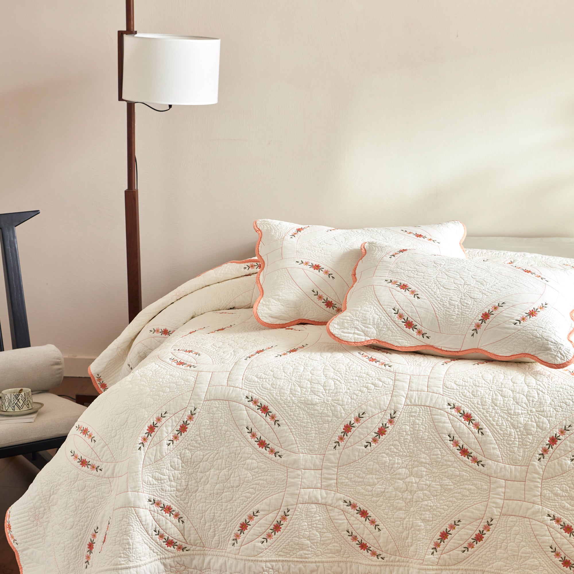 3Pcs Cotton French Country Quilt Bedspread Set Floral Embroidery TC151