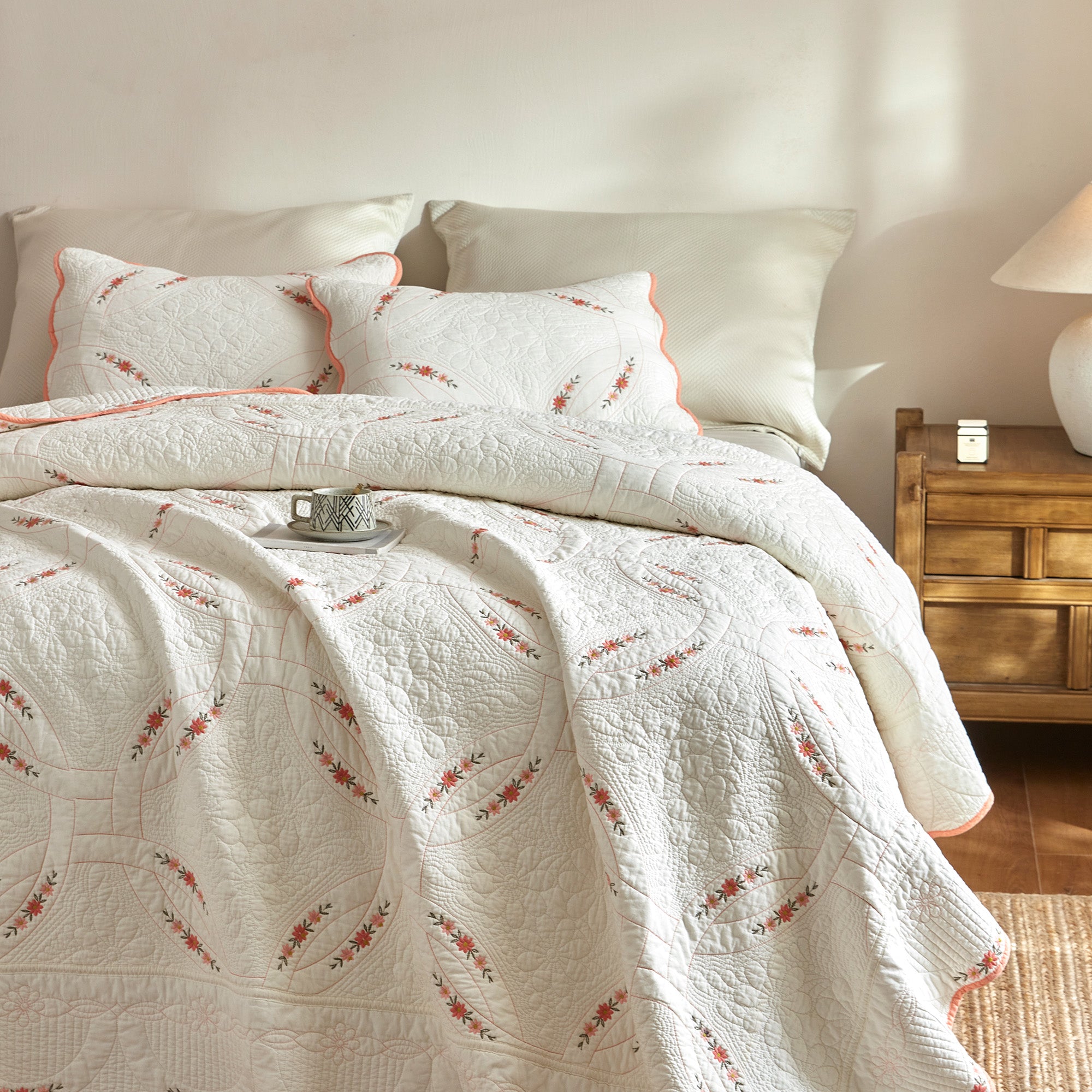 3Pcs Cotton French Country Quilt Bedspread Set Floral Embroidery TC151