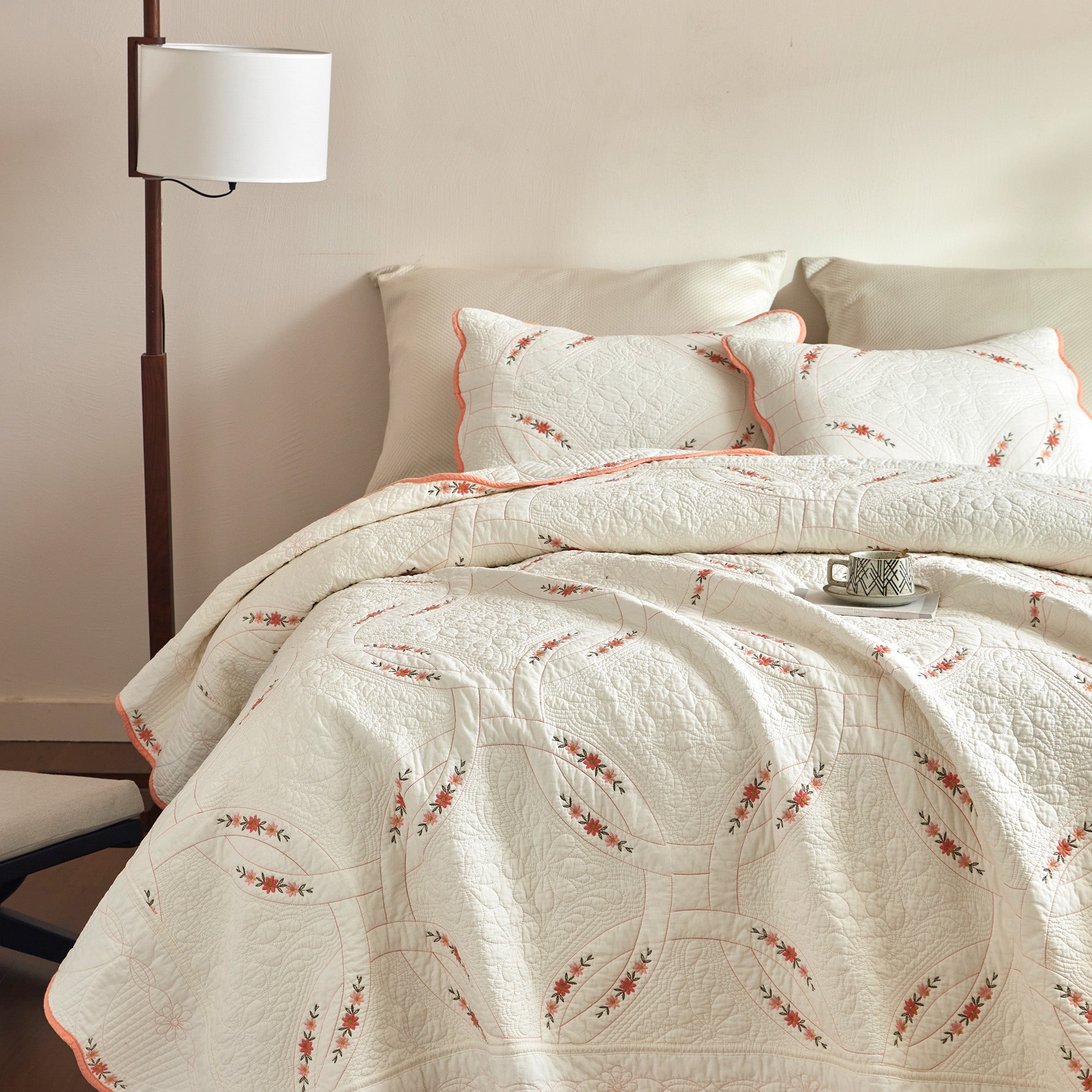 3Pcs Cotton French Country Quilt Bedspread Set Floral Embroidery TC151