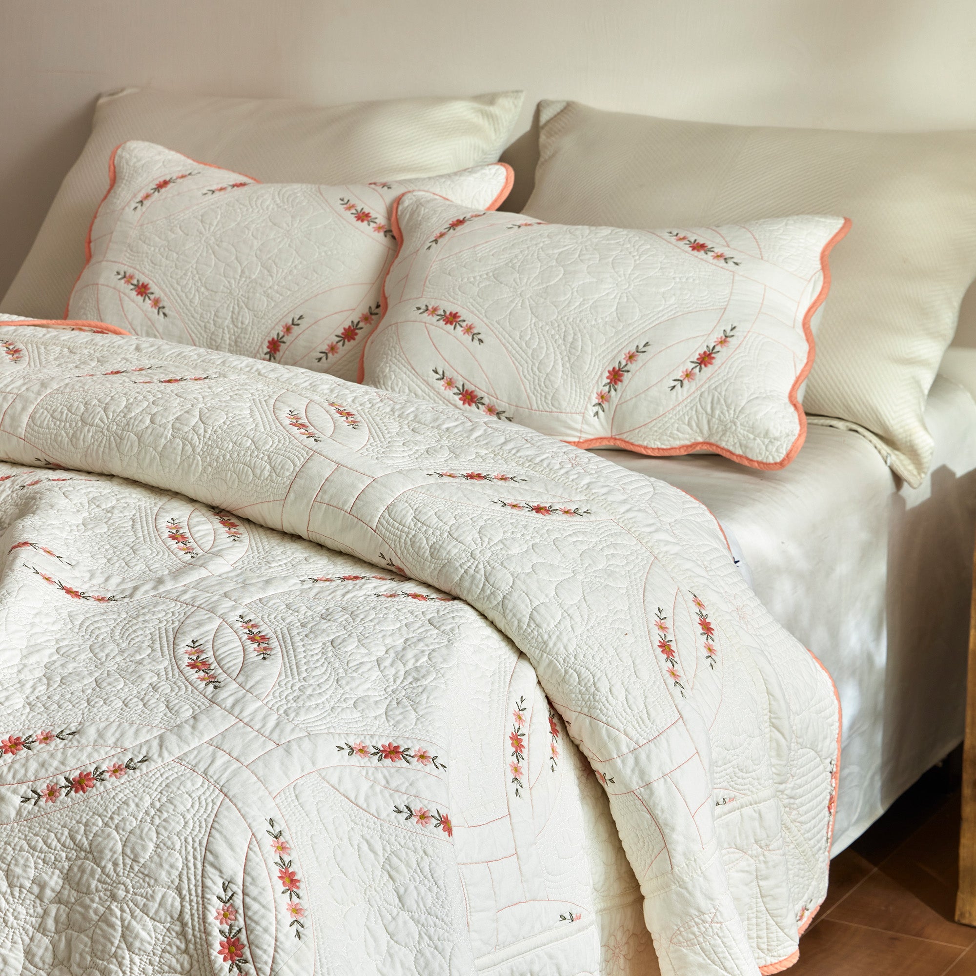 3Pcs Cotton French Country Quilt Bedspread Set Floral Embroidery TC151