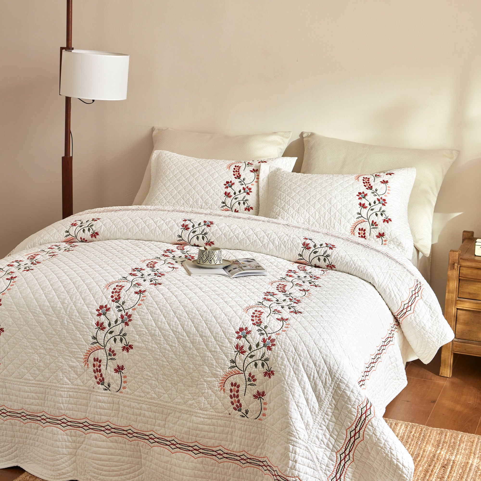 3 Piece Cotton Embroidered Quilt Set – Farmhouse Bedspread TC155