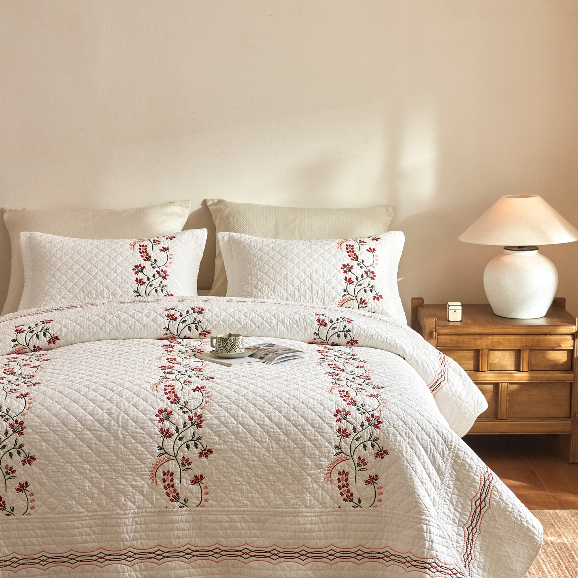 3 Piece Cotton Embroidered Quilt Set – Farmhouse Bedspread TC155