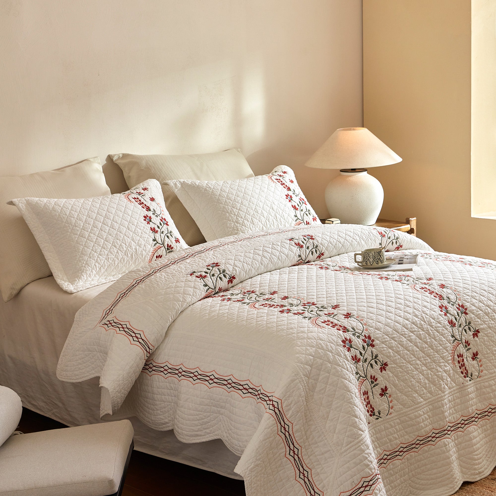 3 Piece Cotton Embroidered Quilt Set – Farmhouse Bedspread TC155