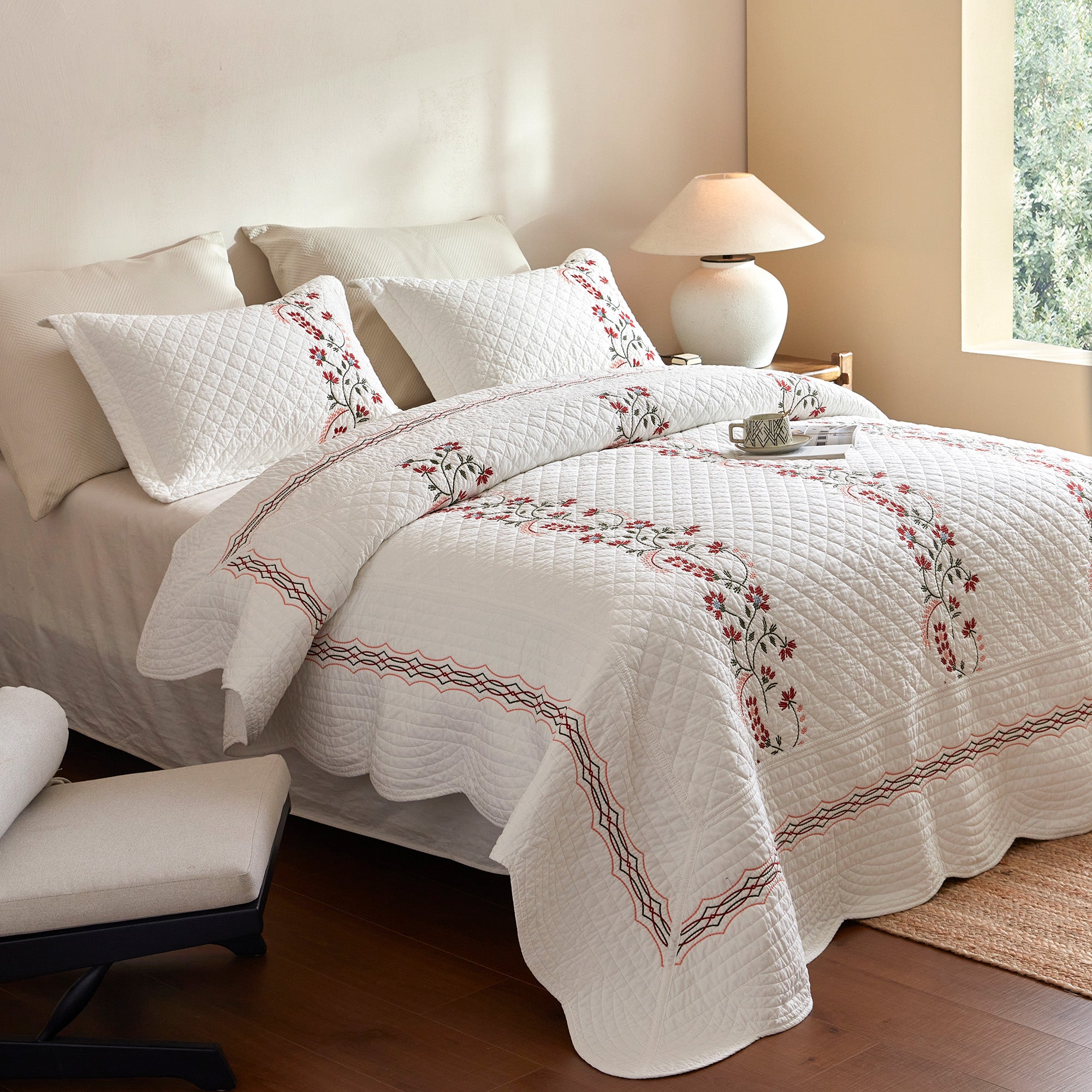 3 Piece Cotton Embroidered Quilt Set – Farmhouse Bedspread TC155