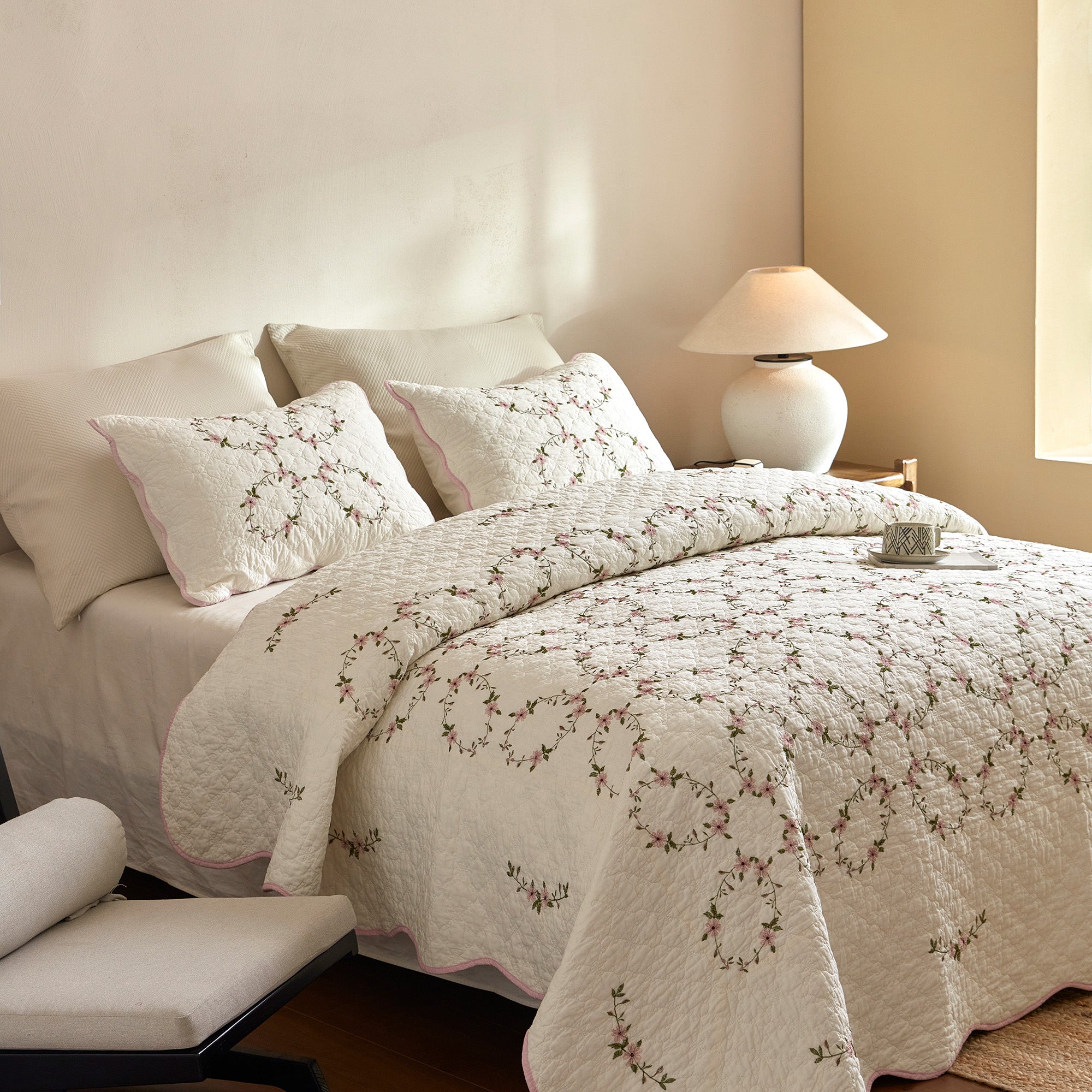 3Pcs Cotton French Country Floral Quilt Bedspread Set Cottagecore Style TC154