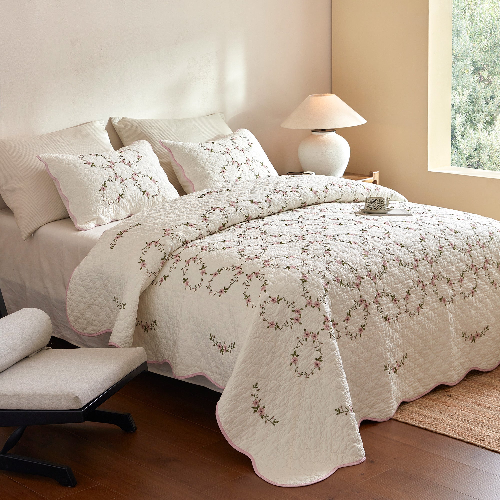 3Pcs Cotton French Country Floral Quilt Bedspread Set Cottagecore Style TC154