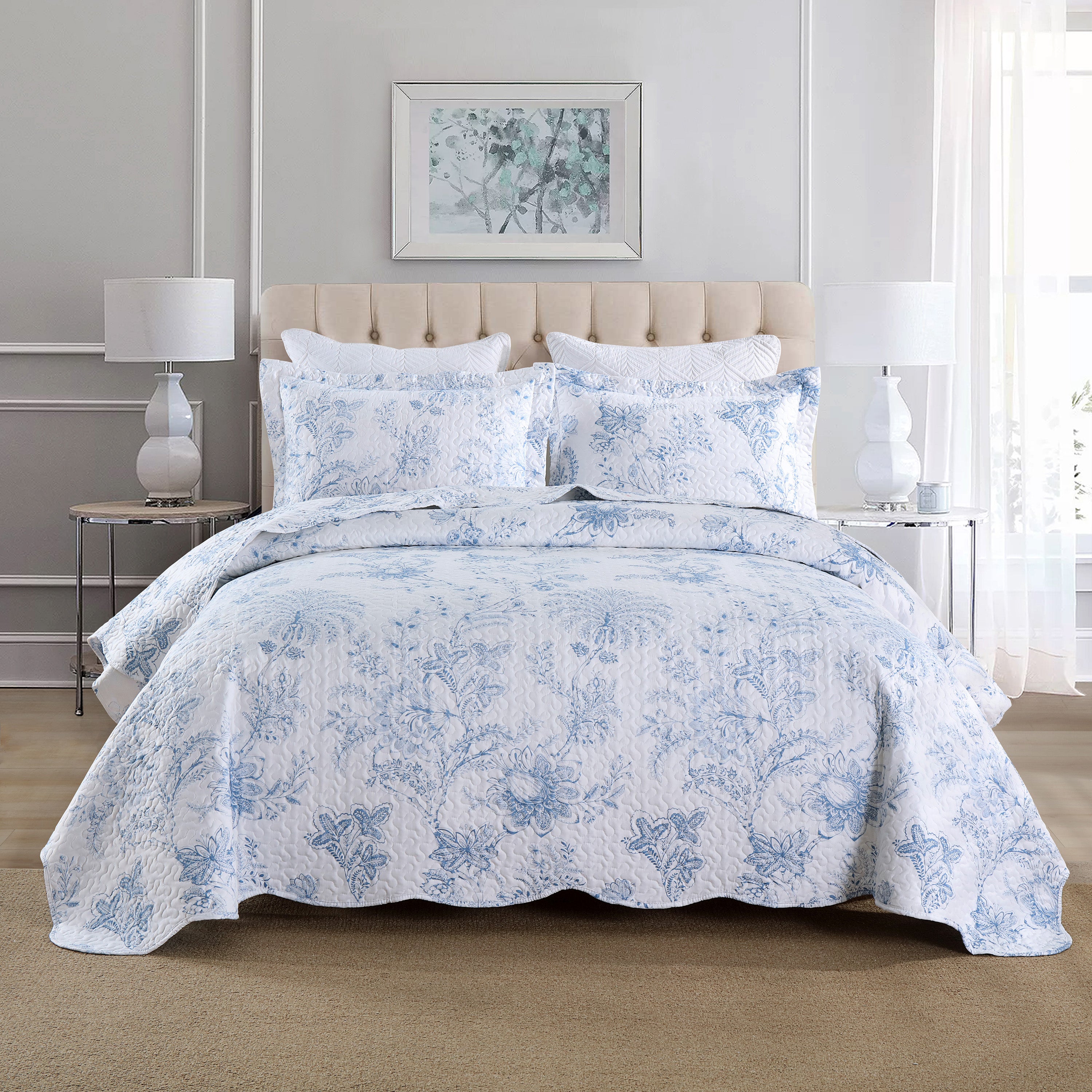 3 Piece Printed Floral Lightweight Quilt Bedspread Set BY321