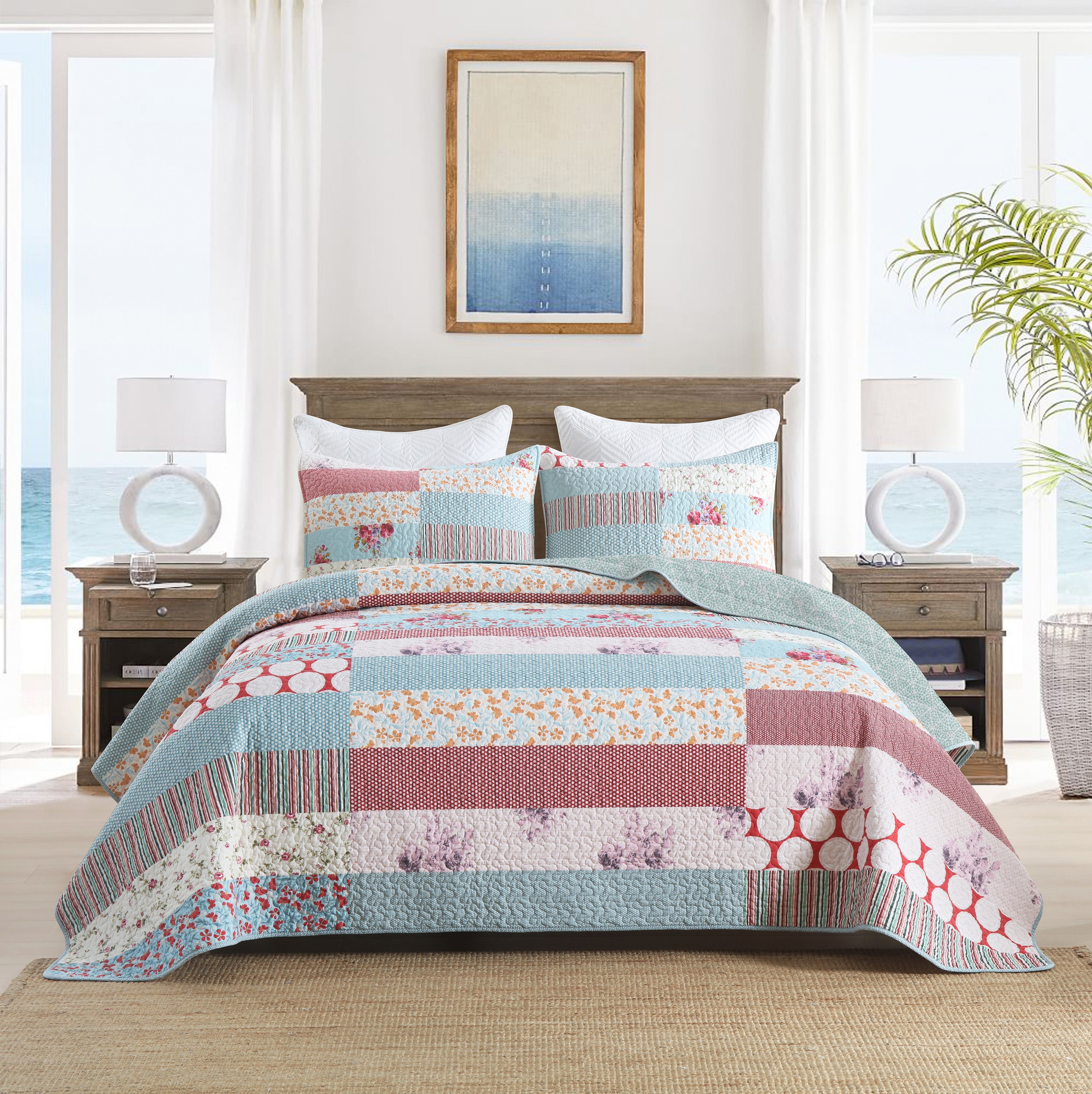 3 Piece Floral Patchwork Printed Quilt Bedspread Set BY331