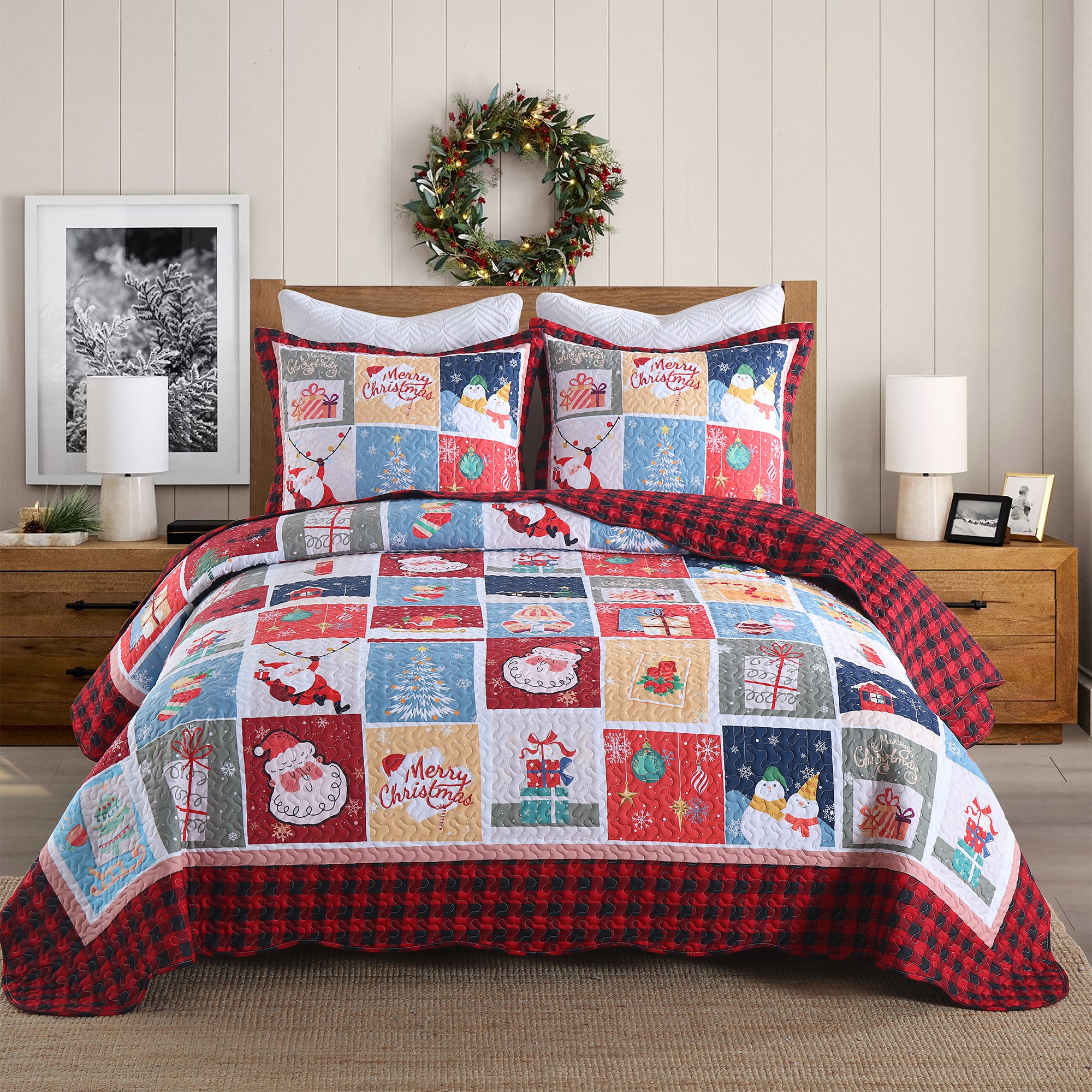 3 Piece Christmas Quilt Set, Santa Patchwork Plaid Bedspread C104