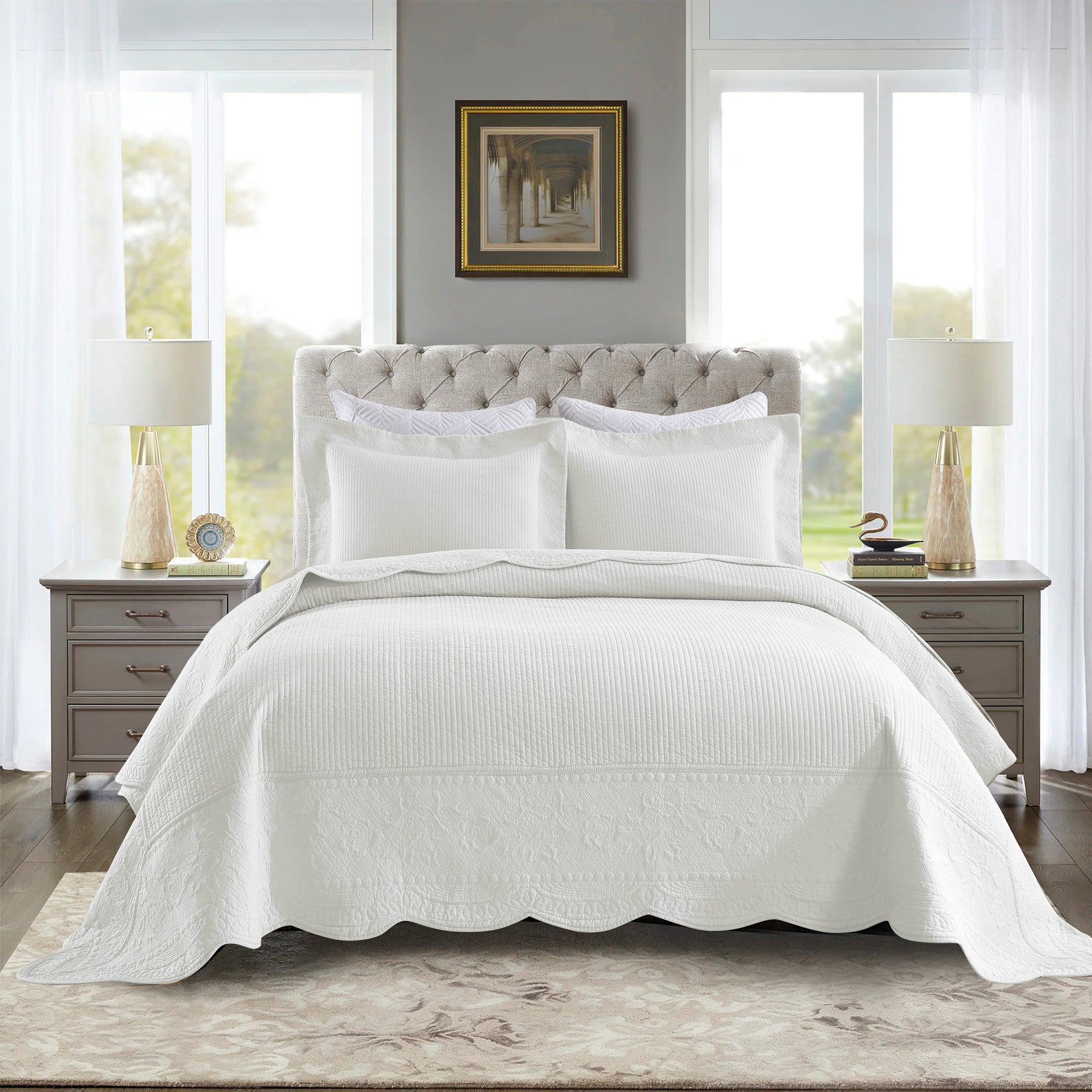3 Piece 100% Cotton Quilt Set, Oversized Lightweight Textured Bedspread TG