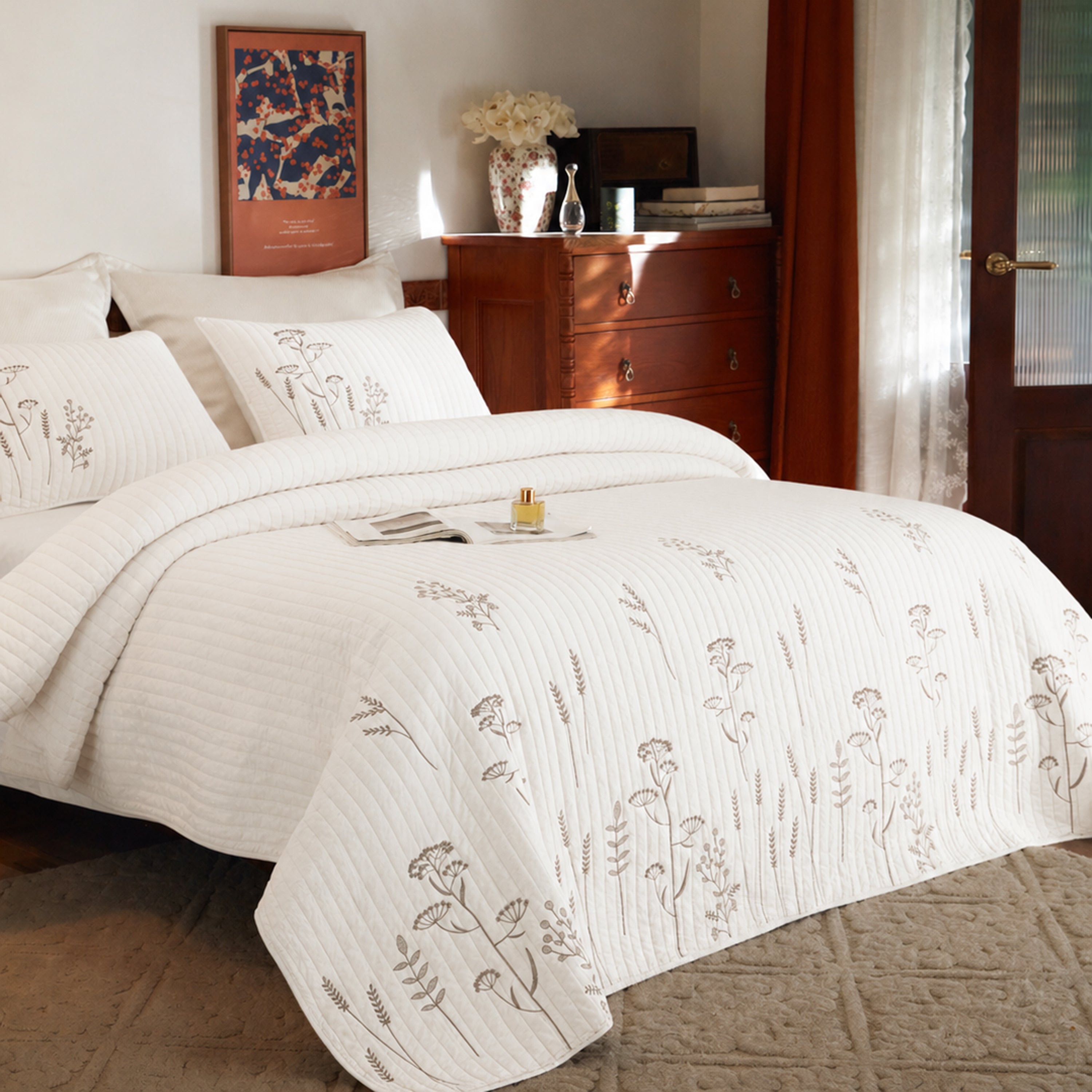 3 Piece 100% Cotton Floral Embroidered Quilt Bedspread Set TC157
