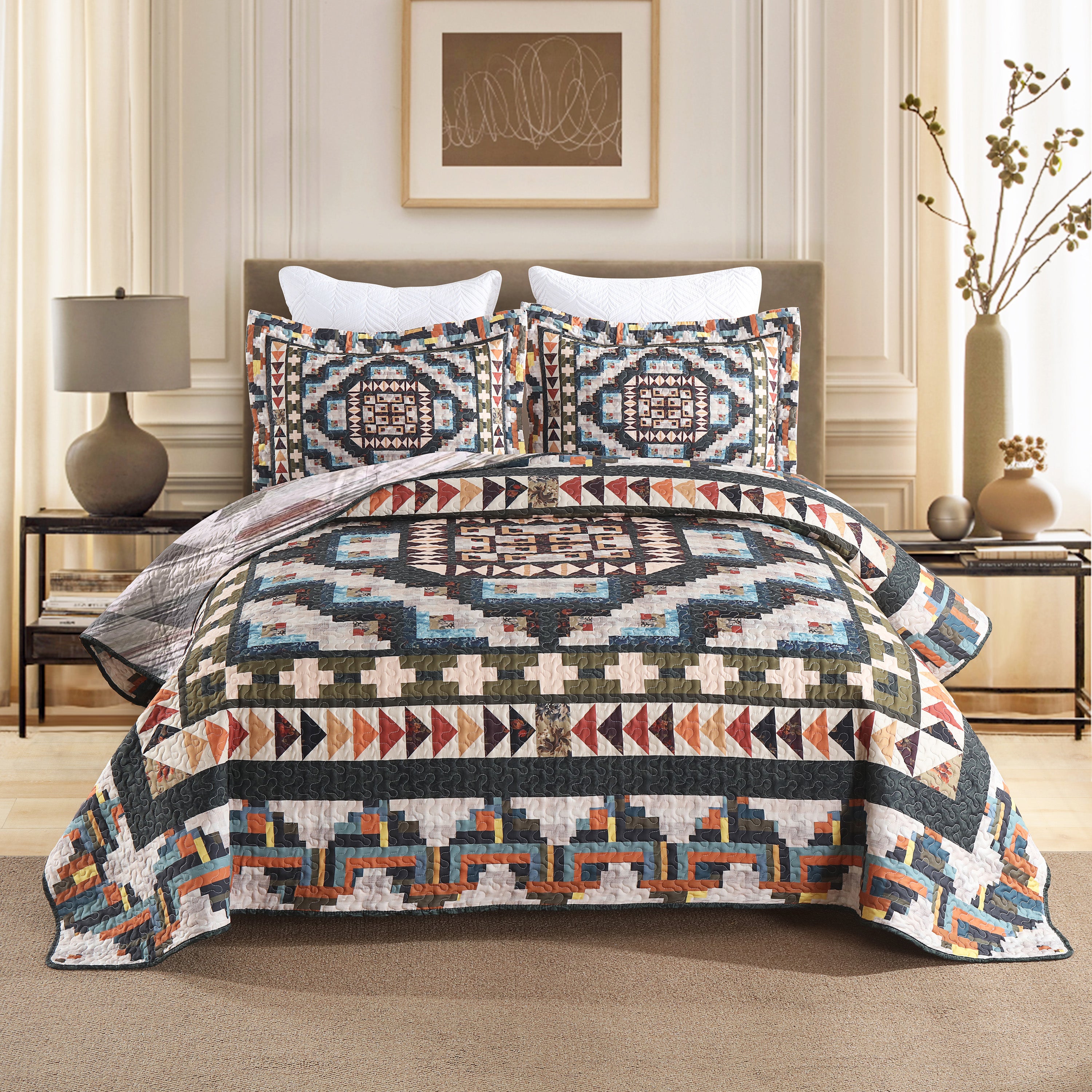 3 Piece Southwestern Lightweight Quilt Bedspread Set Maze Pattern B198