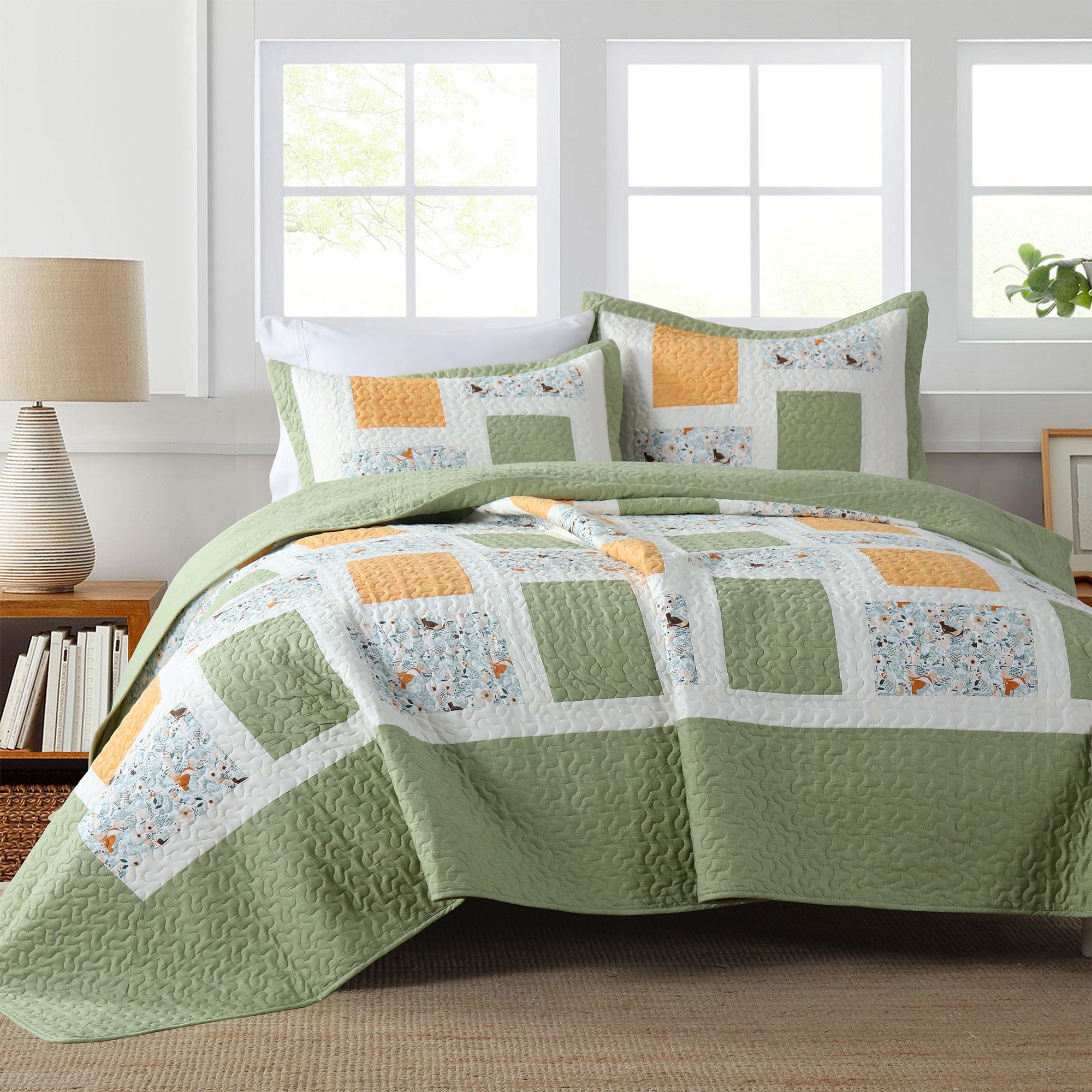 3 Piece Cotton Christmas Patchwork Quilt Set, Farmhouse Bedspread PW103