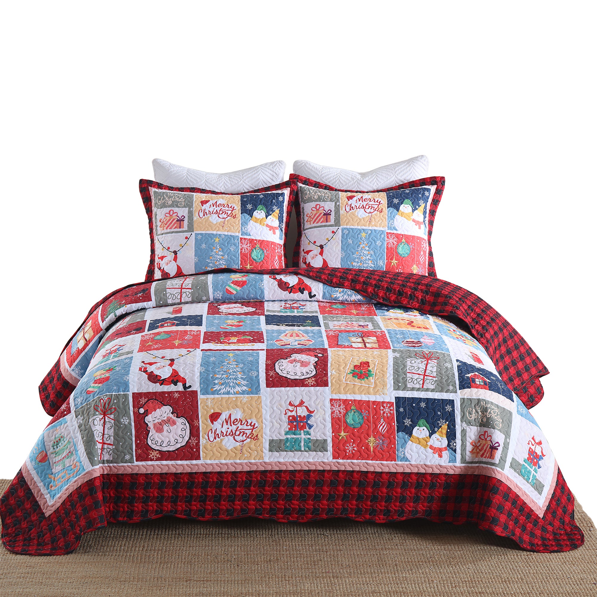 3 Piece Christmas Quilt Set, Santa Patchwork Plaid Bedspread C104