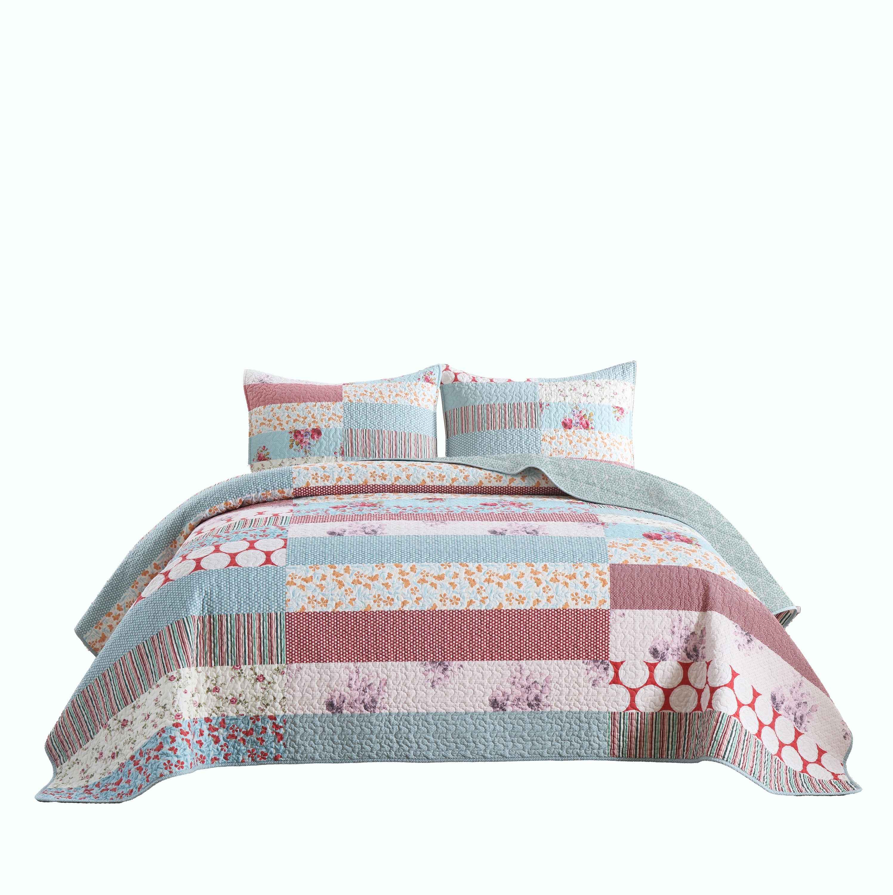 3 Piece Floral Patchwork Printed Quilt Bedspread Set BY331