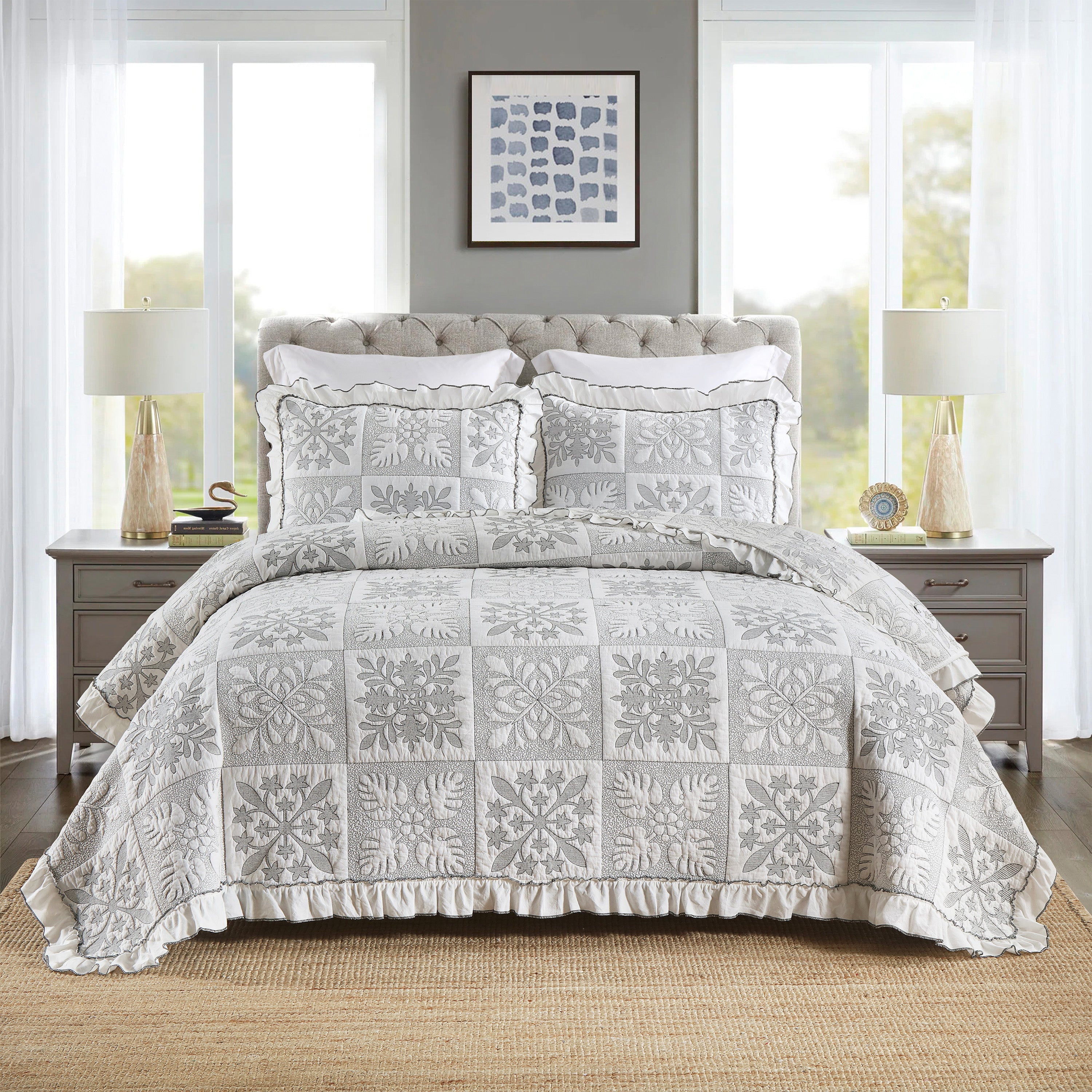 3 Piece 100% Cotton Embroidered Quilt Bedspread Set TJ