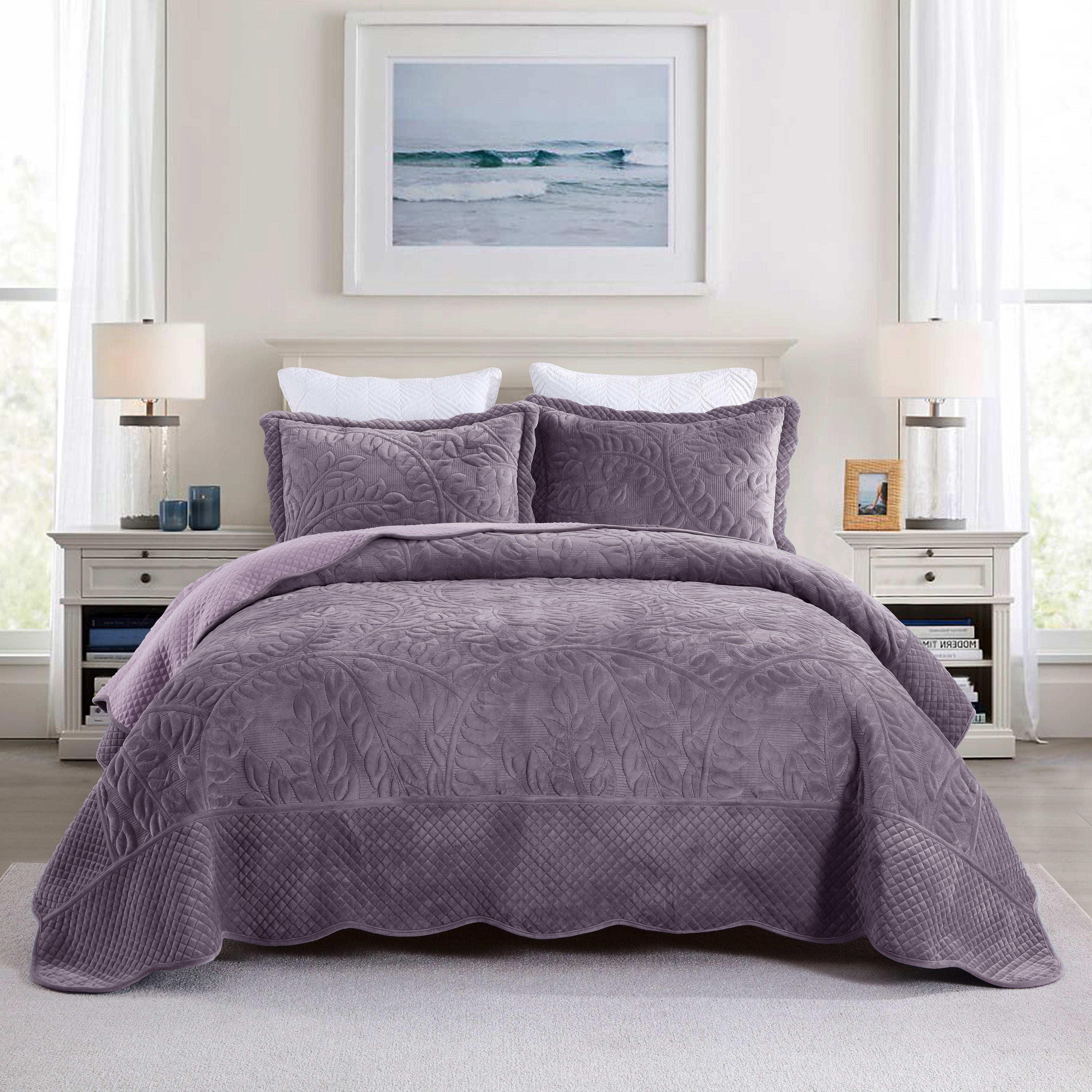 3 Piece Oversized Luxury Velvet Quilt Set Leaf Embroidered Bedspread