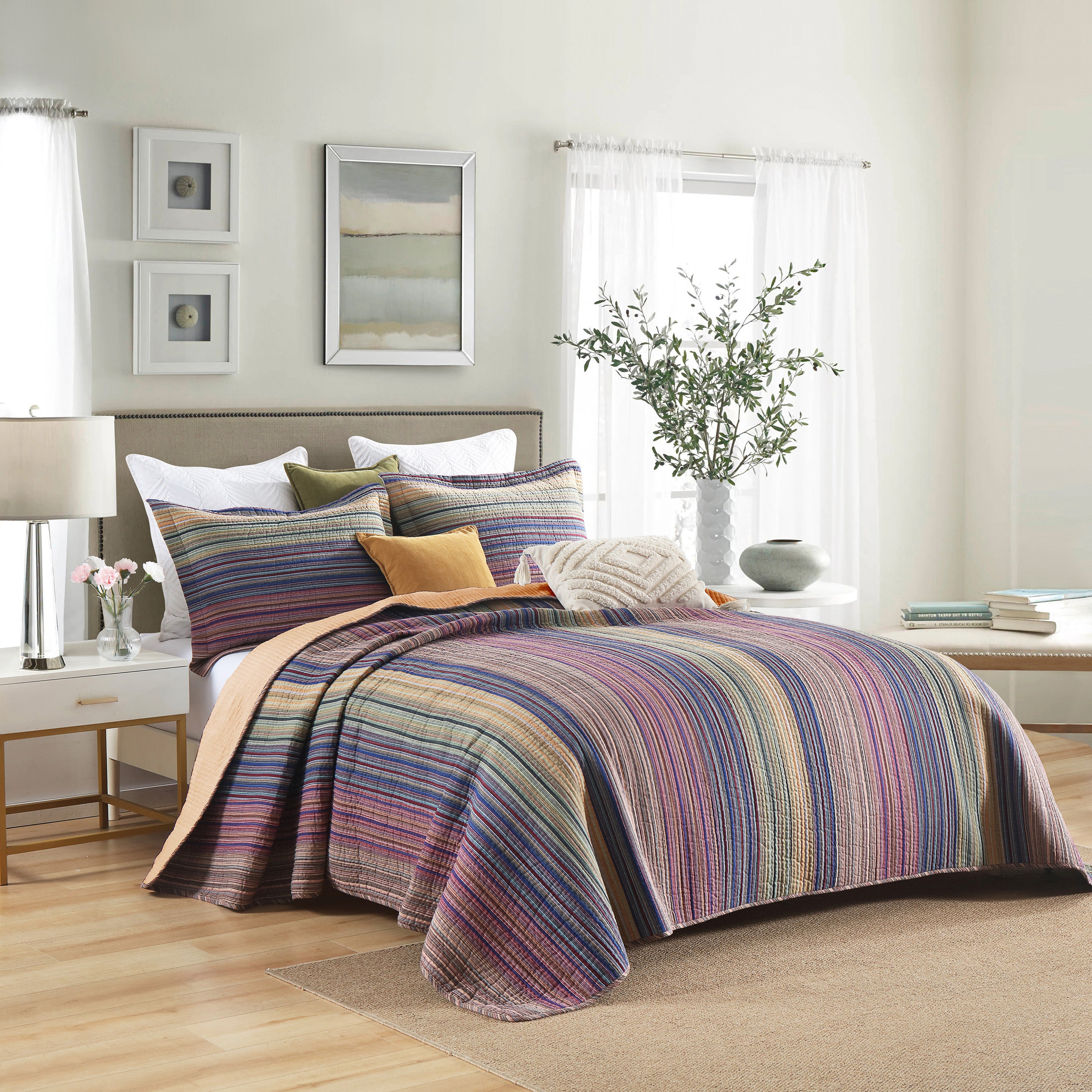 3 Piece 100% Cotton Striped Quilt Bedspread Set CP324