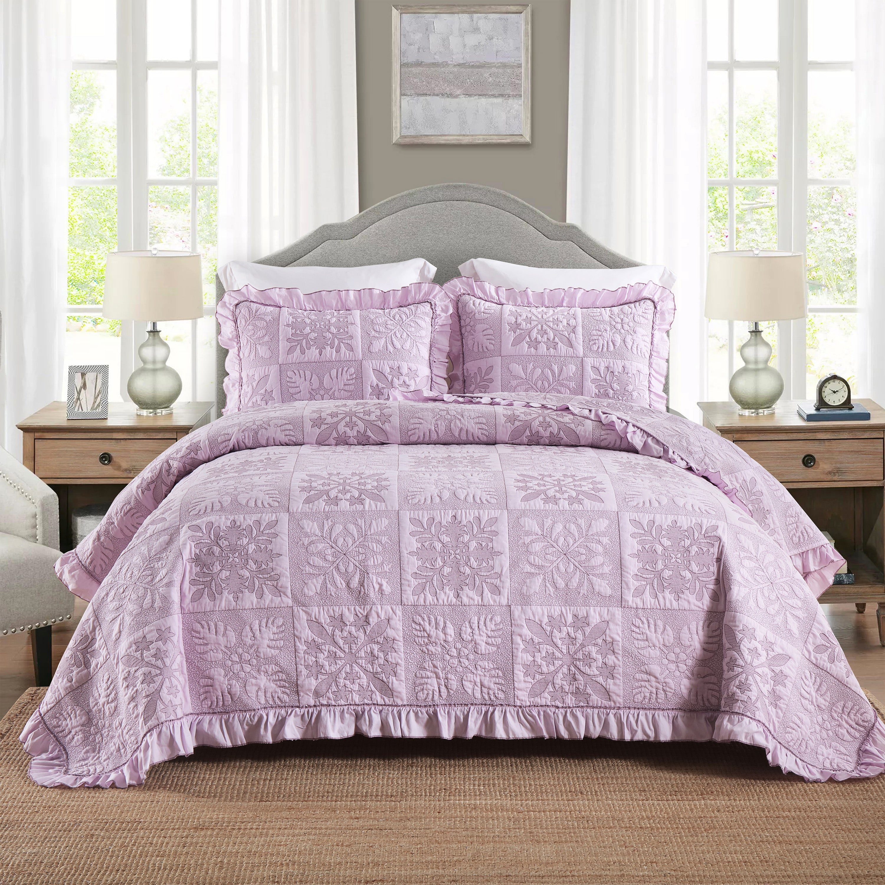 3 Piece 100% Cotton Embroidered Quilt Bedspread Set TJ