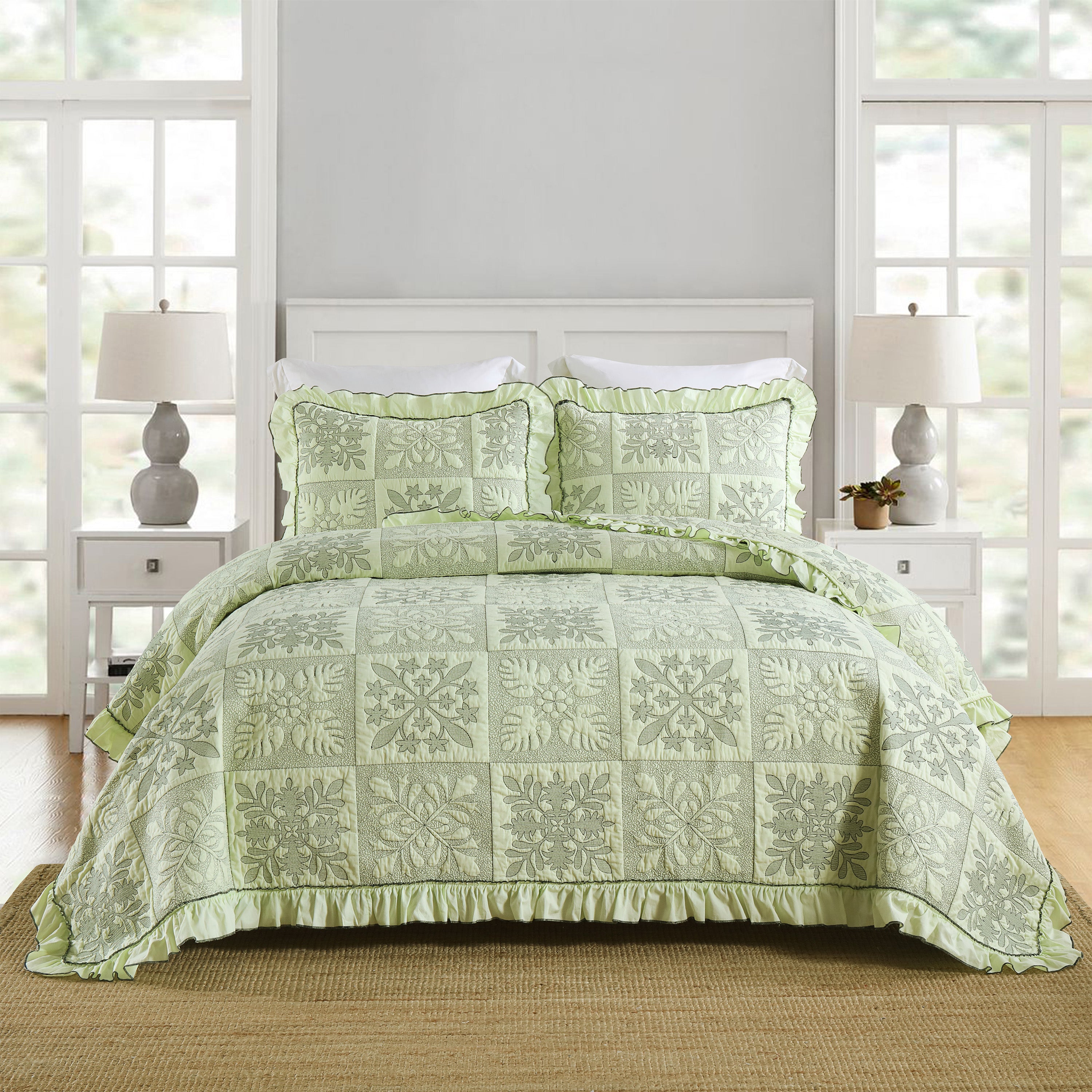 3 Piece 100% Cotton Embroidered Quilt Bedspread Set TJ