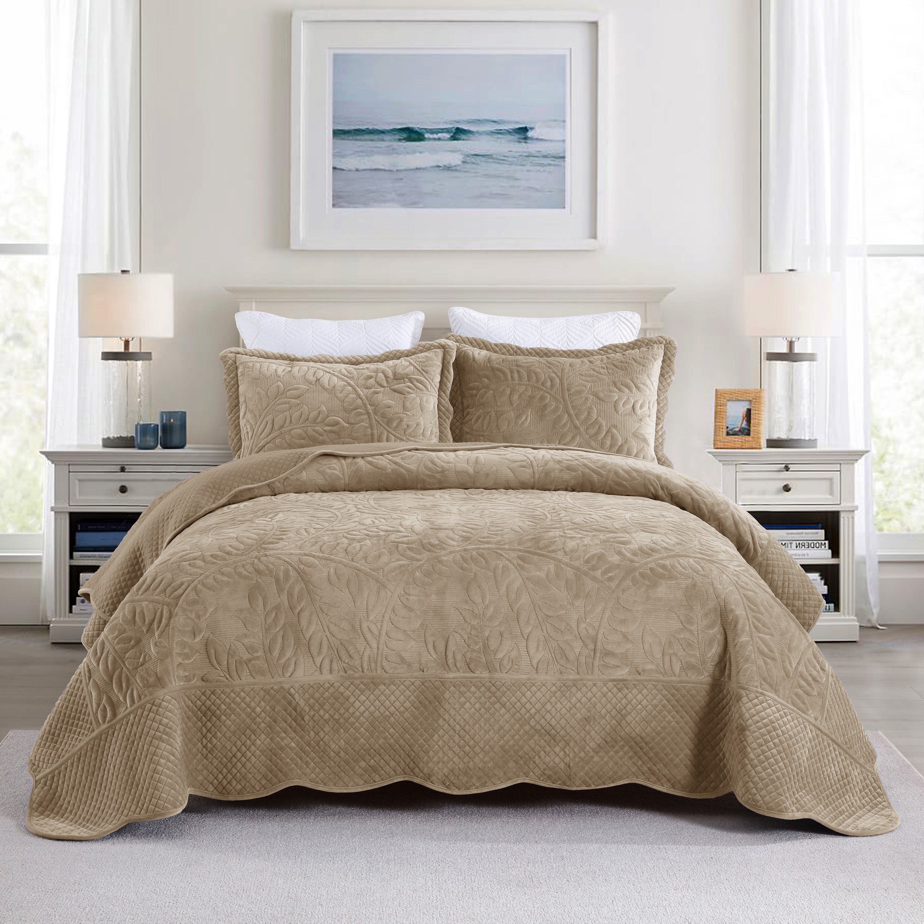 3 Piece Oversized Luxury Velvet Quilt Set Leaf Embroidered Bedspread