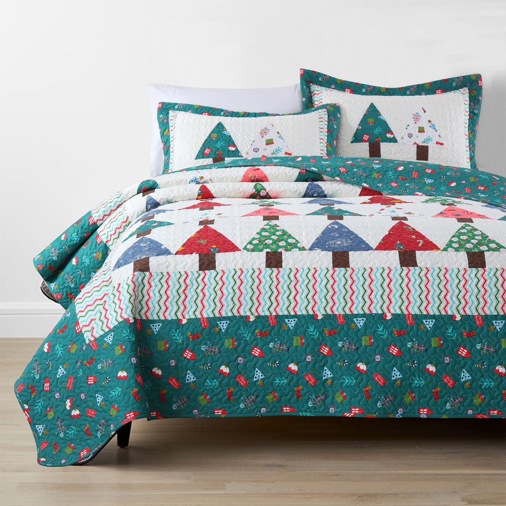 3 Piece Christmas Quilt Set, Christmas Tree Patchwork Bedspread PW101