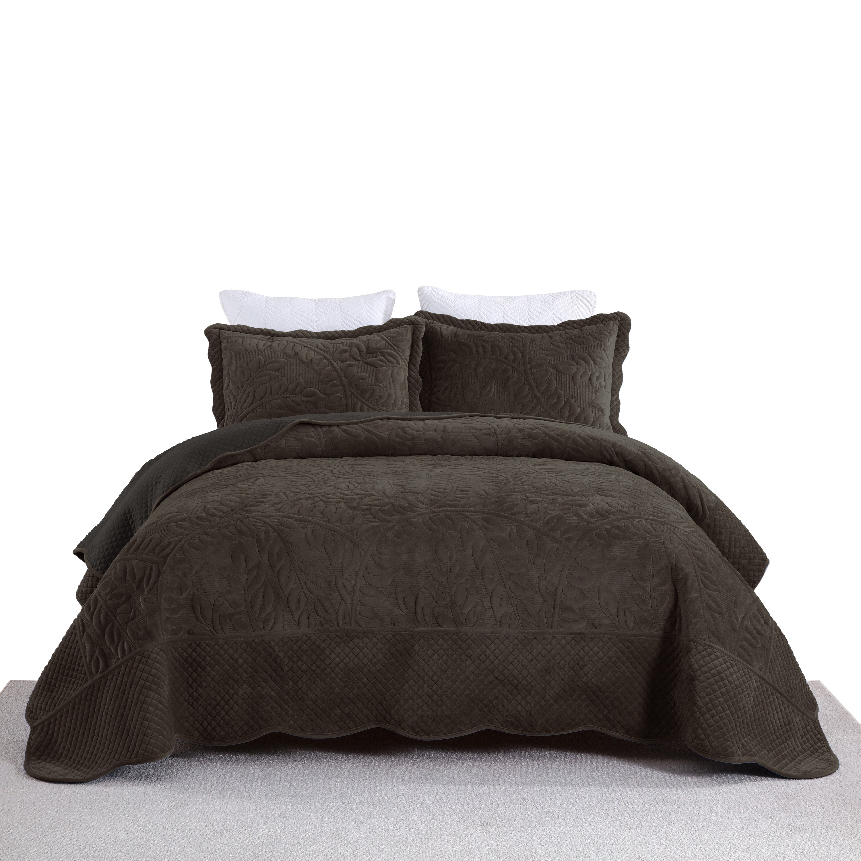 3 Piece Oversized Luxury Velvet Quilt Set Leaf Embroidered Bedspread