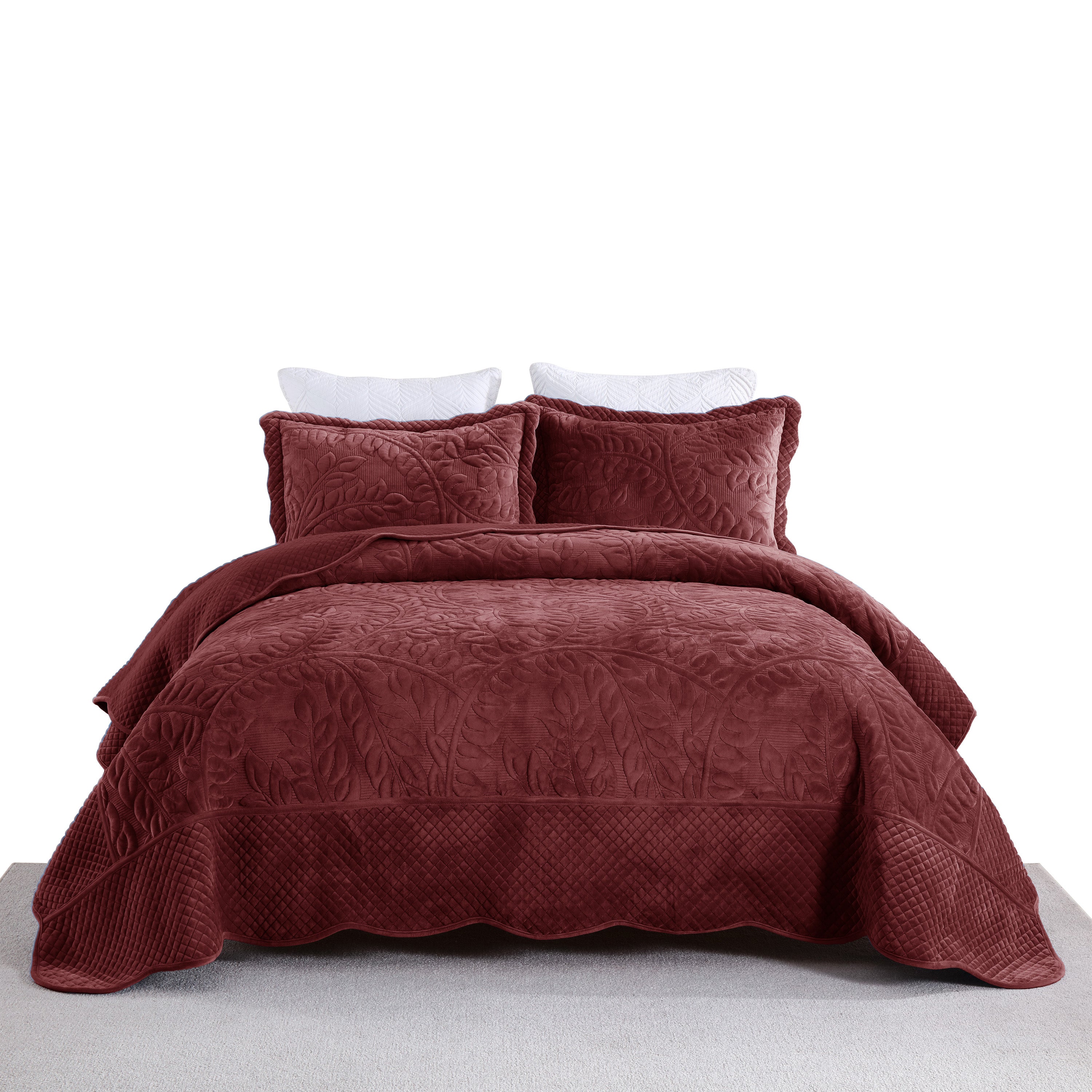 3 Piece Oversized Luxury Velvet Quilt Set Leaf Embroidered Bedspread