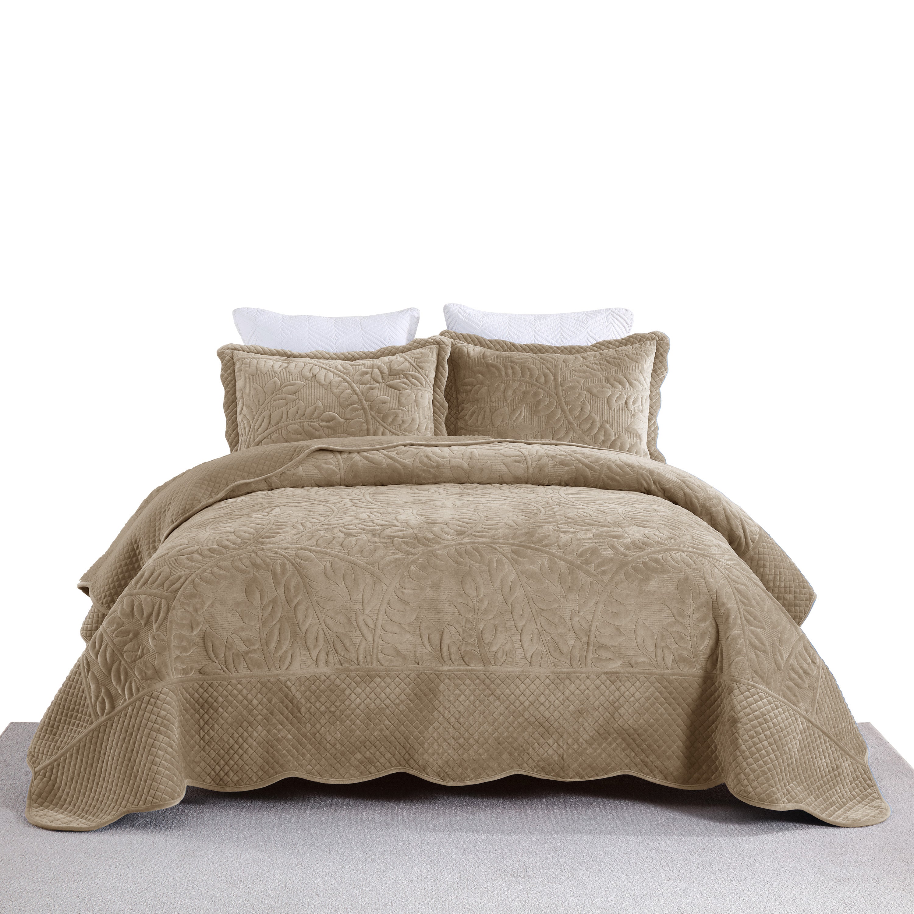 3 Piece Oversized Luxury Velvet Quilt Set Leaf Embroidered Bedspread