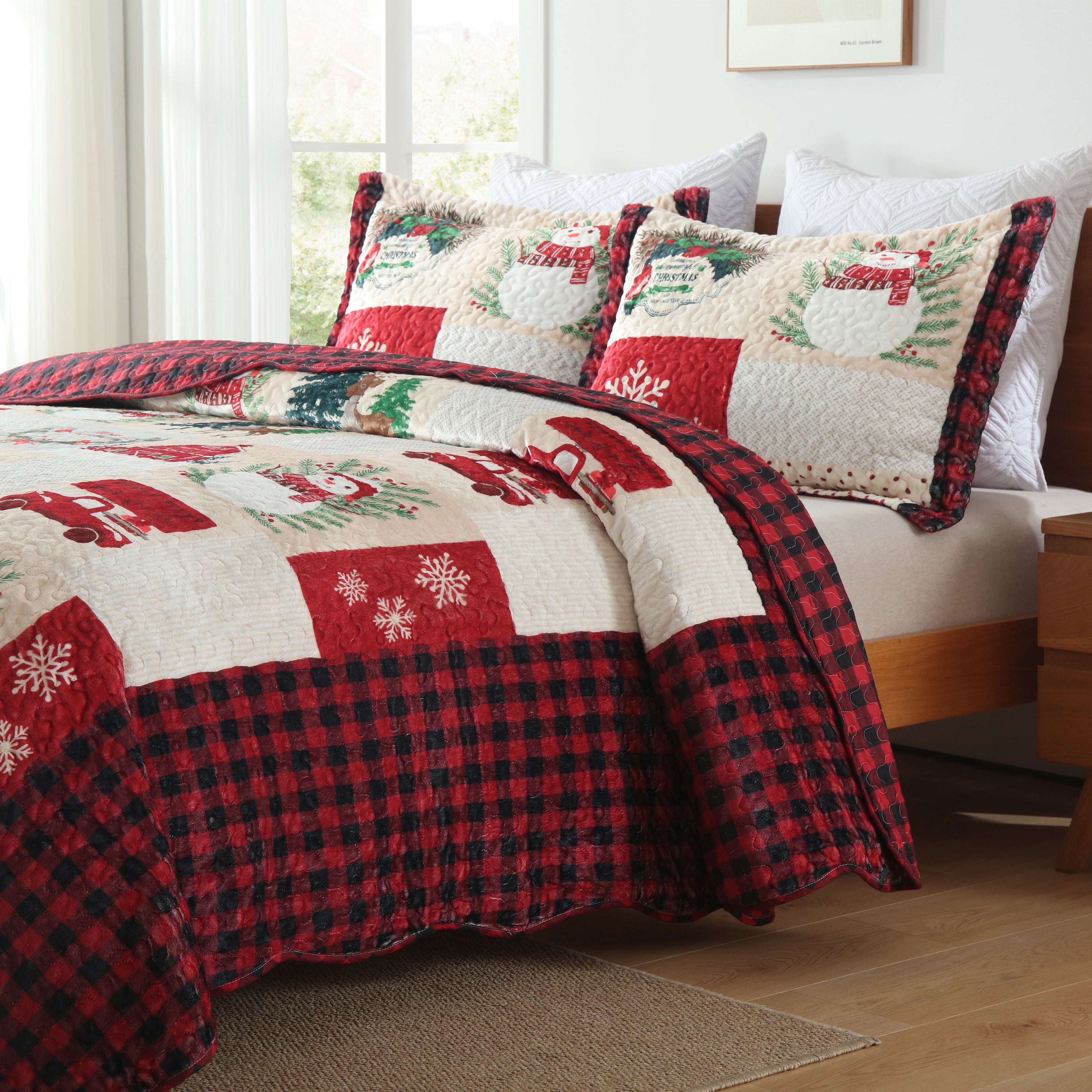 3 Piece Velvet Quilted Christmas Quilt Bedspread Set BYV208
