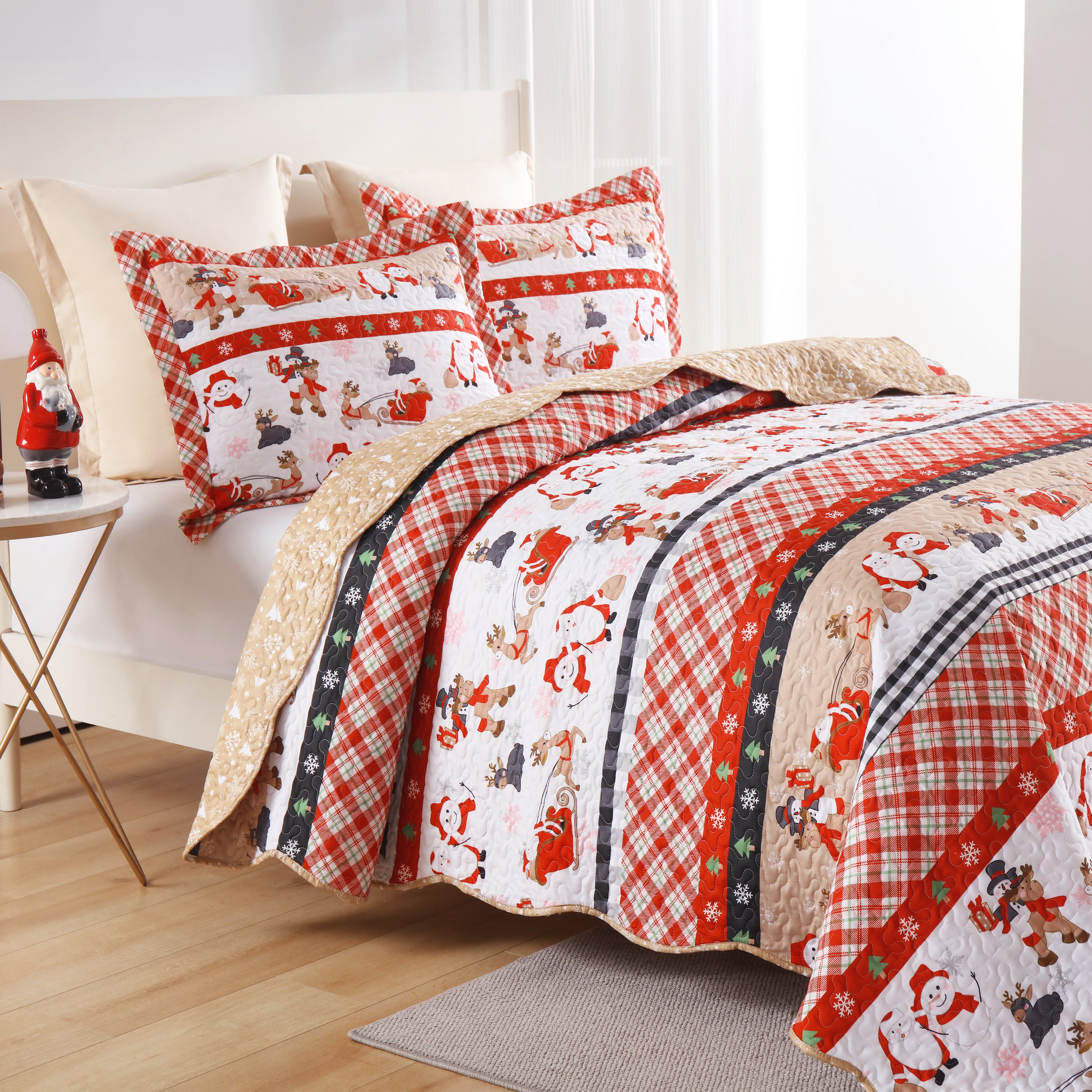 Christmas 3 Piece Quilt Set Santa Claus Printed Bedspread