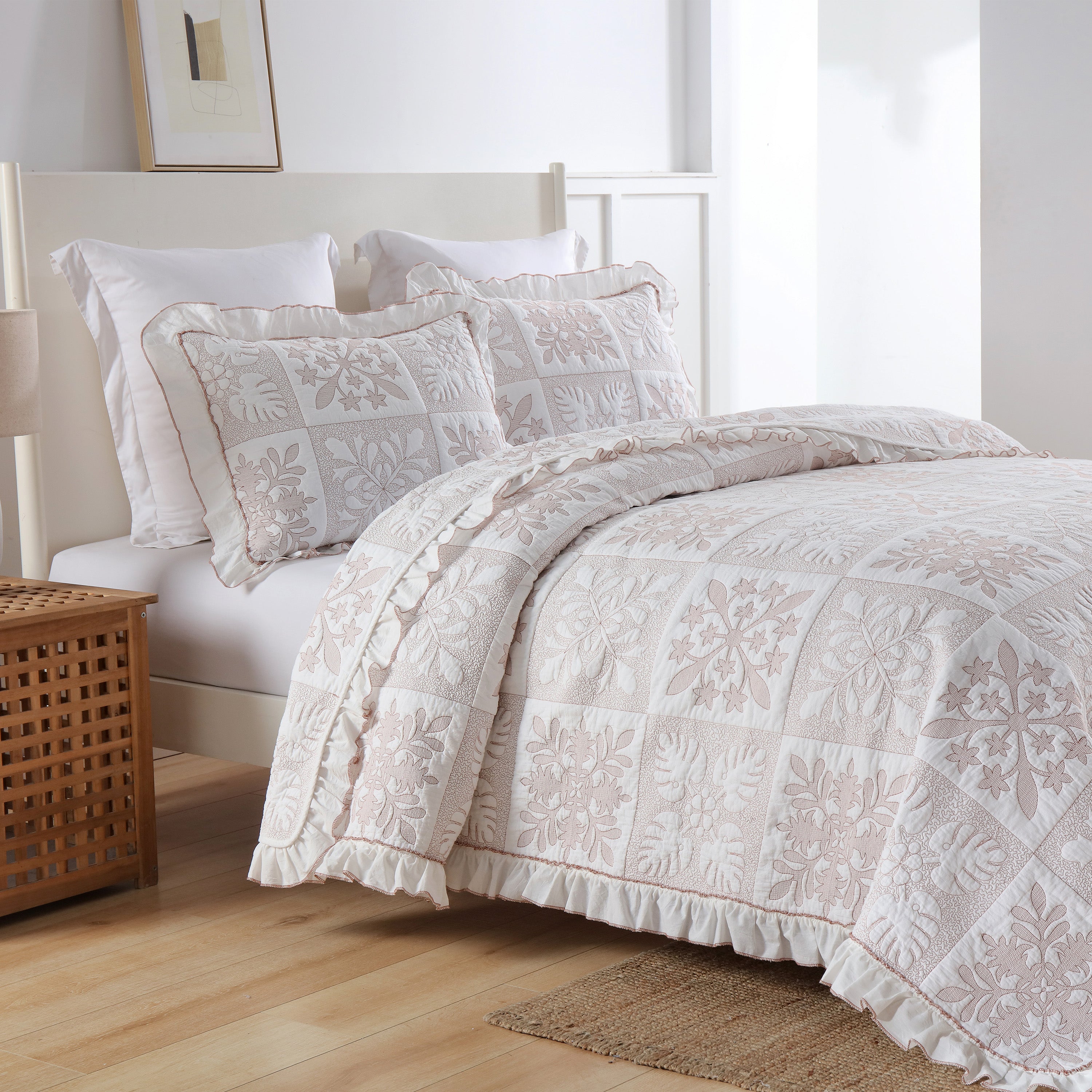 3 Piece 100% Cotton Embroidered Quilt Bedspread Set TJ