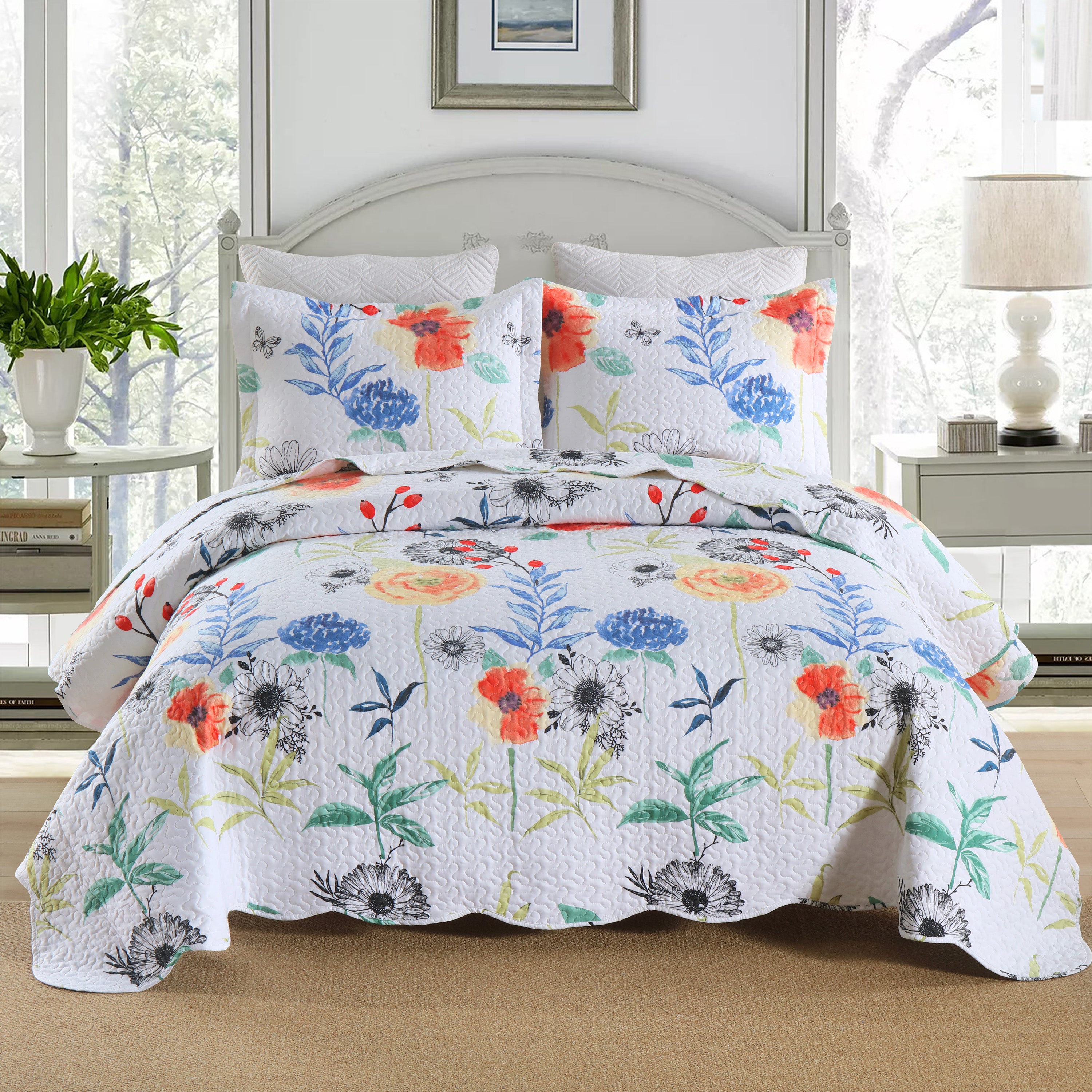 3 Piece Printed Floral Lightweight Quilt Bedspread Set BY209