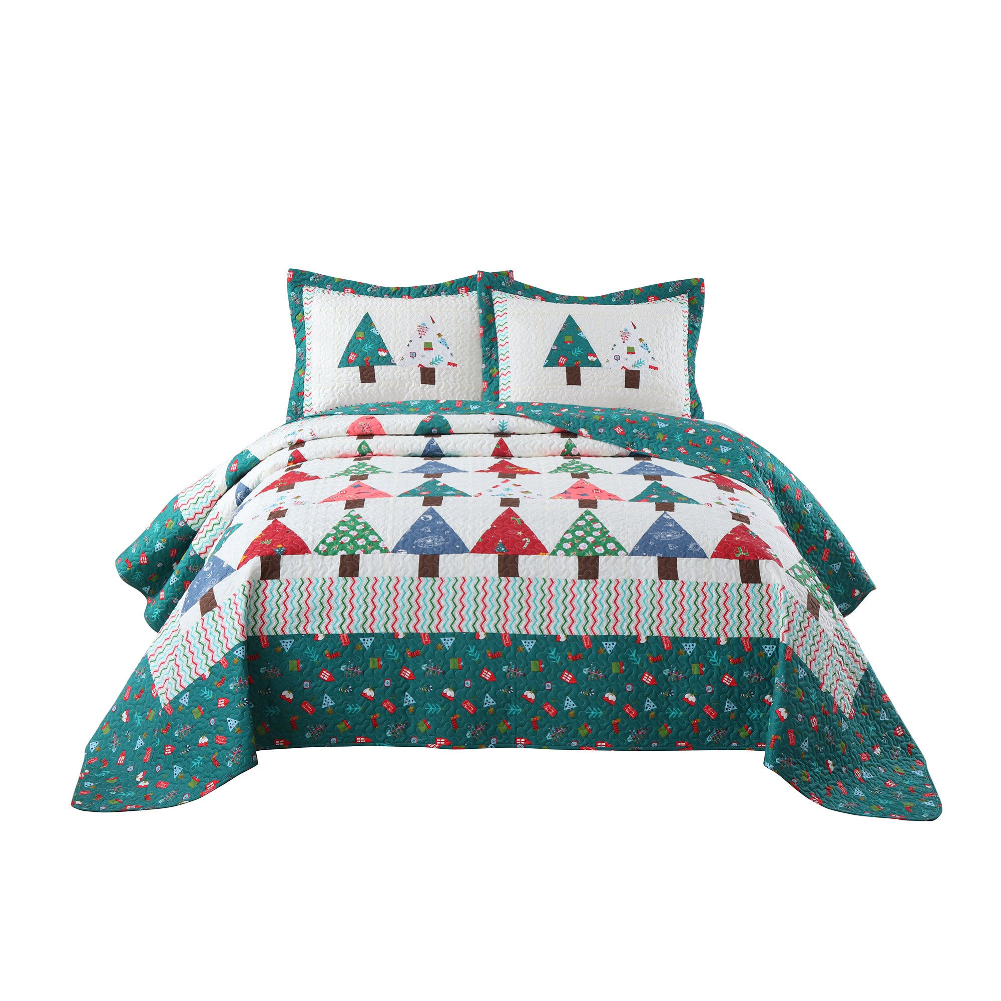 Handcrafted Christmas Patchwork Cotton Quilt Bedspread Set - 3-Piece Vintage Style Holiday Bedding PW101